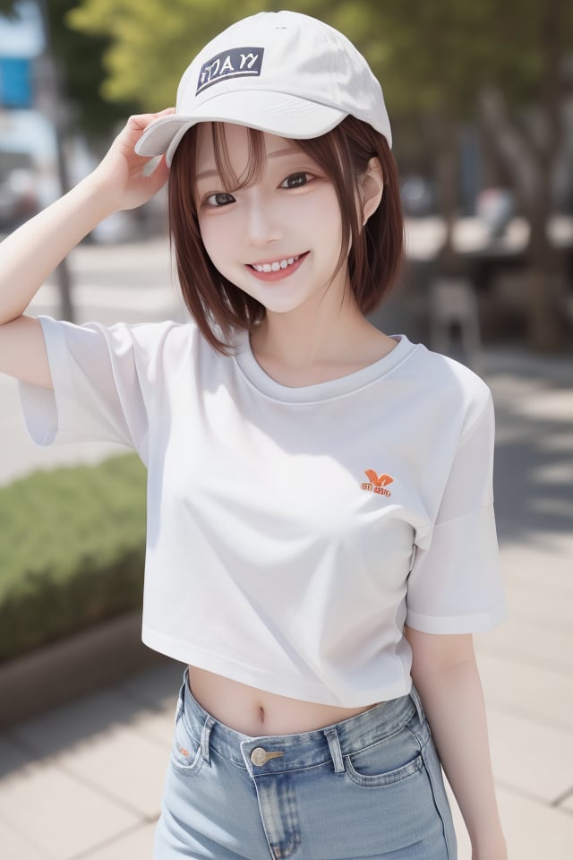 mikas A smiling cute girl wearing a white T-shirt,  denim hot pants,  and a cap in the bright sunlight by mika's  sweets o...