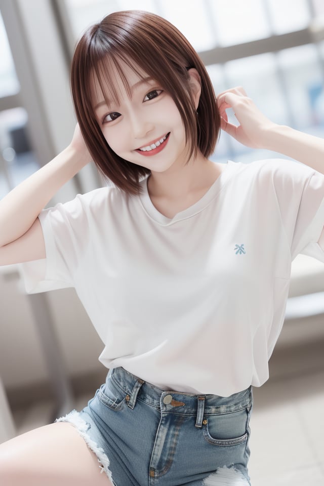mikas A smiling cute girl wearing a white T-shirt and denim hot pants in the bright sunlight by mika's  sweets on Tensor.Art