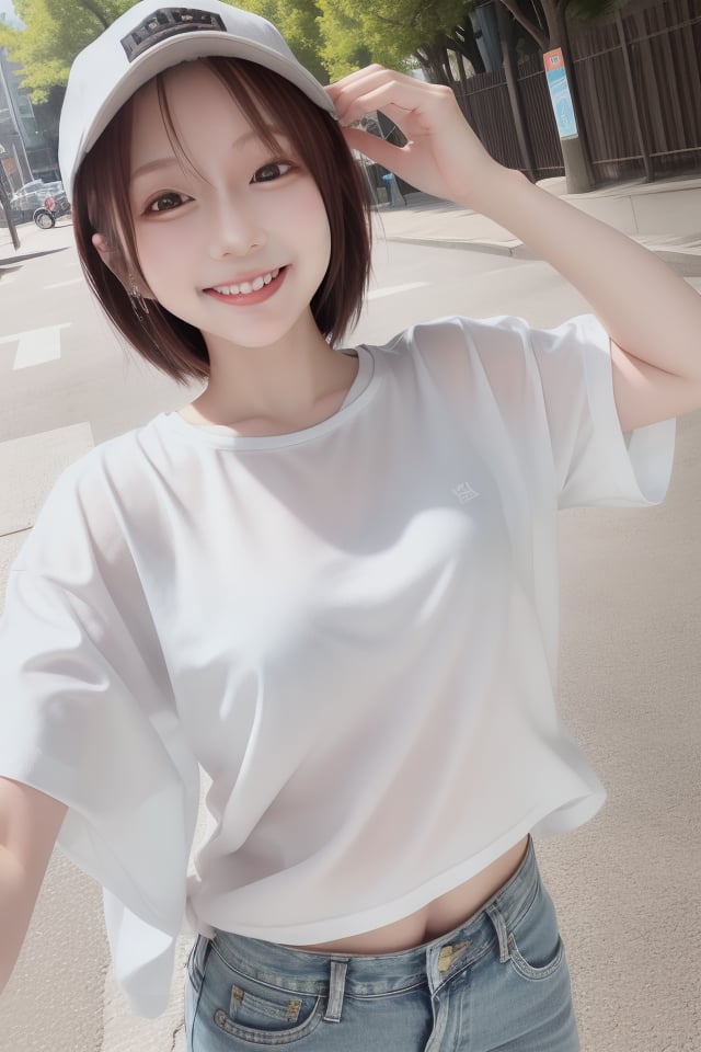 mikas A smiling cute girl wearing a white T-shirt,  denim hot pants,  and a cap in the bright sunlight by mika's  sweets o...