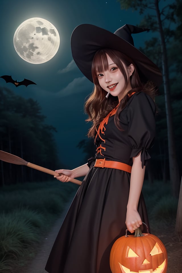 The background is a midnight forest with only moonlight, Pumpkin Man's face, and bats flying around.
Mikas, a smiling beautiful girl in a Halloween witch costume holding a flying broomstick in one hand and a lollipop in the other.