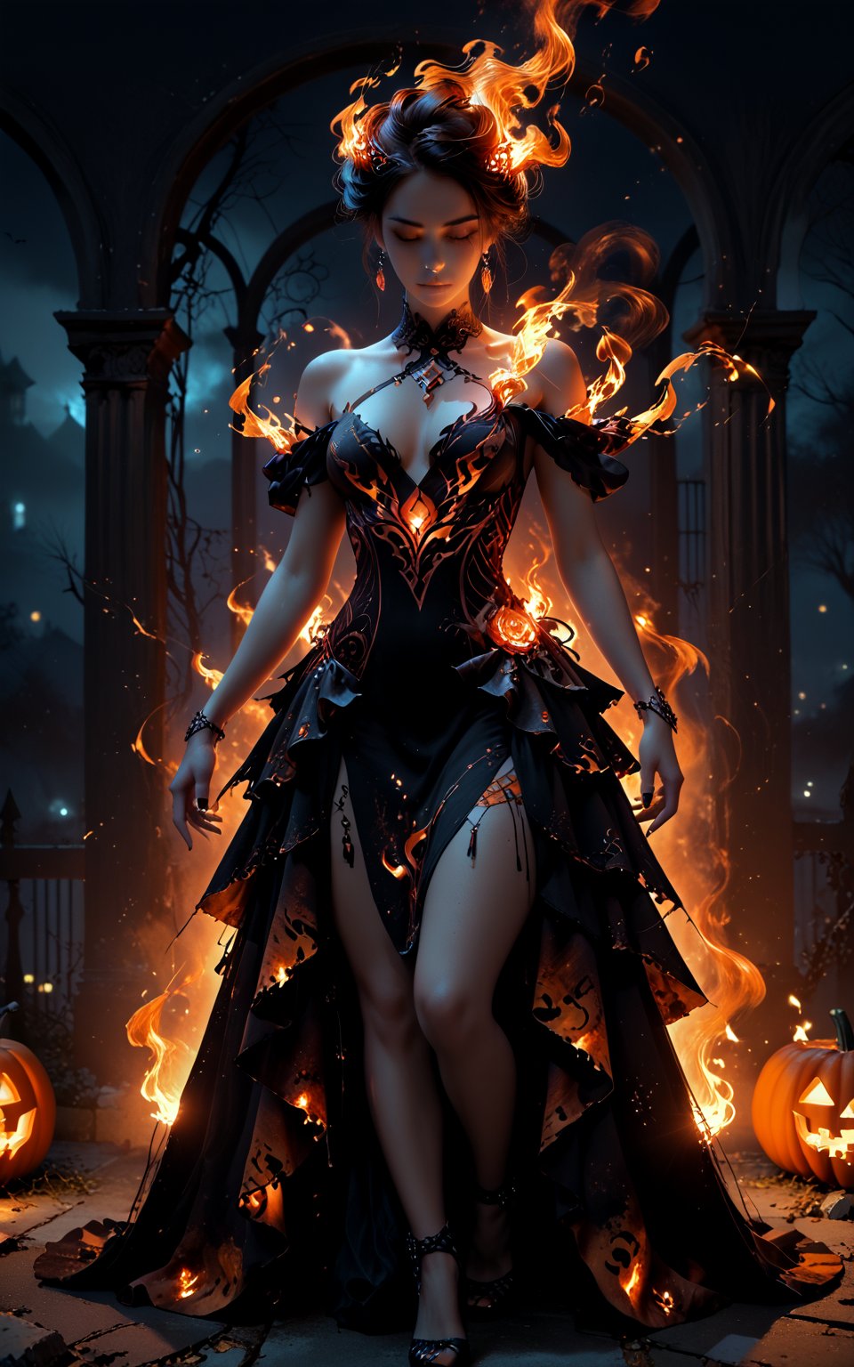 1girl, sexy 21yo, halloween dress,
Expressiveh,concept art,dark theme,fire,flames,fire aura