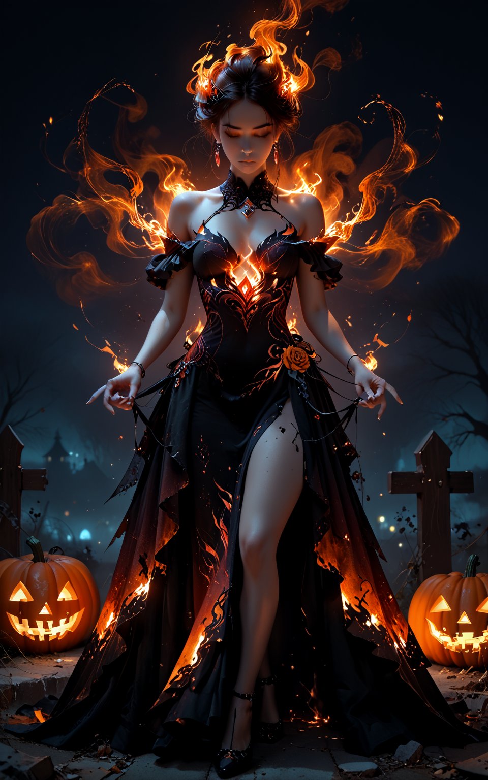 1girl, sexy 21yo, halloween dress,
Expressiveh,concept art,dark theme,fire,flames,fire aura