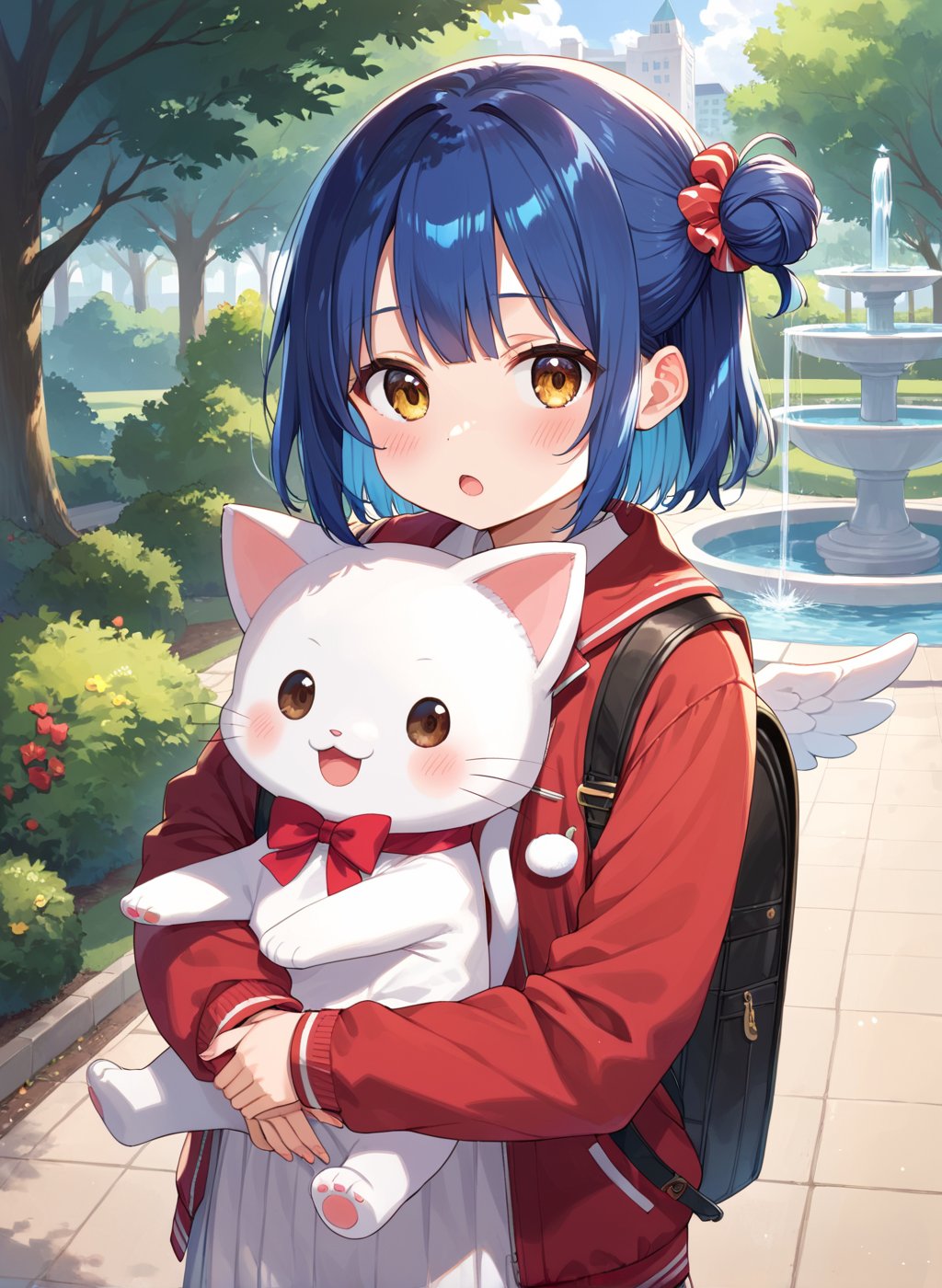 score_9, score_8_up, score_7_up,1girl, myo_chan, tiny, flat chest, one side bun, ((blue hair)), dark gold eyes, open_mouth, blush, beautiful_female_fingers, MYO_CHAN,
looking at viewer, blush, open mouth, red fur-trimmed jacket, A backpack decorated with simple angel wings. park, fountain, Hugging a stuffed cat,