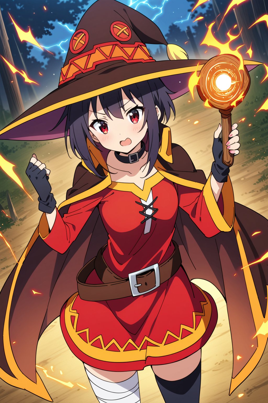 score_9, score_8_up, score_7_up, masterpiece, best quality, high quality, detailed, extremely detailed,
official_art,

1girl, megumin (konosuba), nimugempnxl, short hair, black hair, red eyes, short hair with long locks, beautiful face, kawaii,

thighhighs, gloves, hat, dress, black gloves, belt, black thighhighs, fingerless gloves, cape, collar, witch hat, bandages, red dress, single thighhigh, asymmetrical legwear, bandaged leg,
solo, cowboy shot, fantasy field, 

, ((holding big wood wand)), magic effect, many, magic circle, Thunder, night, from above,

5_fingers, beautiful_female_fingers,