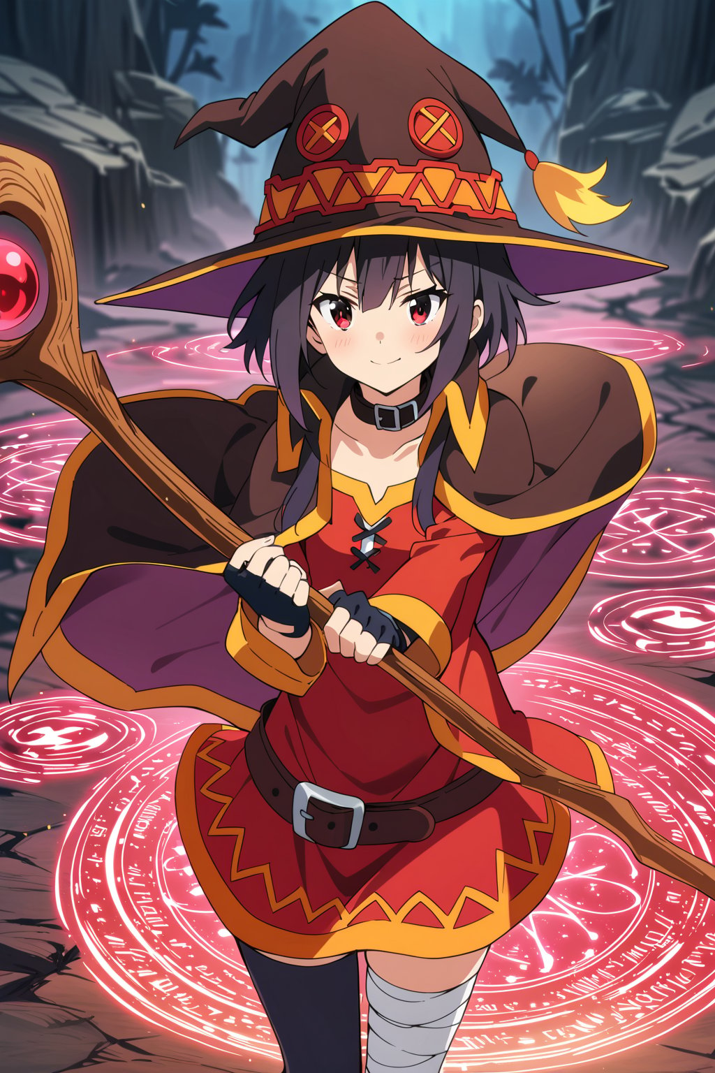 score_9, score_8_up, score_7_up, masterpiece, best quality, high quality, detailed, extremely detailed,
official_art,

1girl, megumin (konosuba), nimugempnxl, short hair, black hair, red eyes, short hair with long locks, beautiful face, kawaii,

thighhighs, gloves, hat, dress, black gloves, belt, black thighhighs, fingerless gloves, cape, collar, witch hat, bandages, red dress, single thighhigh, asymmetrical legwear, bandaged leg,
solo, cowboy shot, fantasy field, 

, ((holding big wood staff)), magic effect, many, magic circle, Thunder, night, from above,

5_fingers, beautiful_female_fingers,