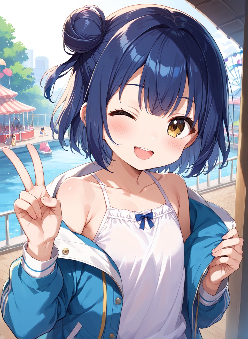 score_9, score_8_up, score_7_up,1girl, myo_chan, tiny, flat chest, one side bun, short cut, navy hair, dark gold eyes, open_mouth, blush, MYO_CHAN, blue hair,
ed fur-trimmed jacket,

playing, in a amusement_park, looking at viewer, blush, smile, wink, dynamic angle, 

(((5_fingers))), beautiful_female_fingers, 