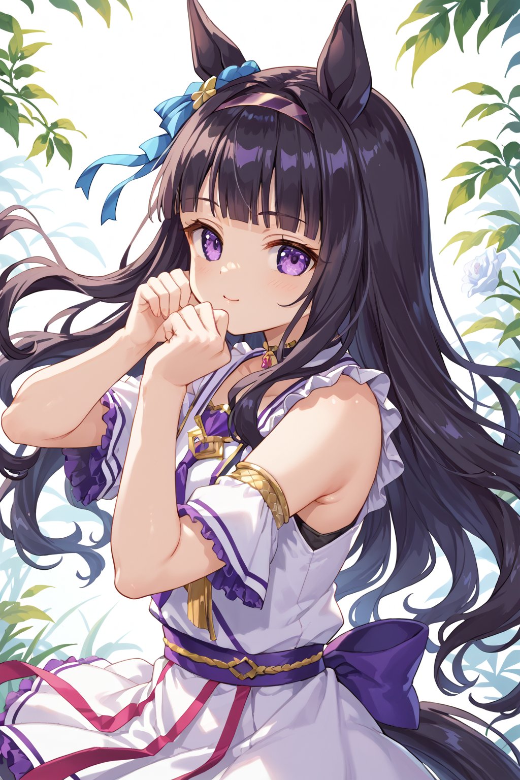 score_9, score_8_up, score_7_up, BREAK,1girl,loli, daidouji tomoyo, black hair, long hair, blunt bangs, hairband, long hair, purple eyes,horse_ears, horse tail,

cute pose, umamusume_style, umapyoi_densetsu, dancing,

,beautiful_female_fingers