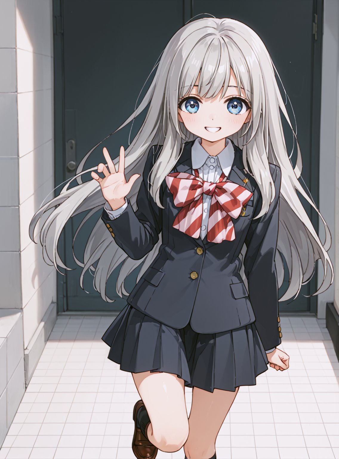 score_9, score_8_up, score_7_up, source_anime, (perfect anatomy:1.4), beautiful skin,
,//characters, 
1girl, solo, hiraiwa_hotaru, longhair, gray hair, blue eyes, school uniform, blazer, long sleeves, jacket, bowtie, striped bow, white shirt, collard shirt, pleated skirt, shoes, black socks, kneehighs, brown footwear,
,//situations, 

,//pose, 
1girl, solo, looking at viewer, smiling, blush, jumping
,/LoRA, beautiful_female_fingers, (4_fingers and 1thumb on hand), (perfect hand), (beautiful hands), perfect anatomy,