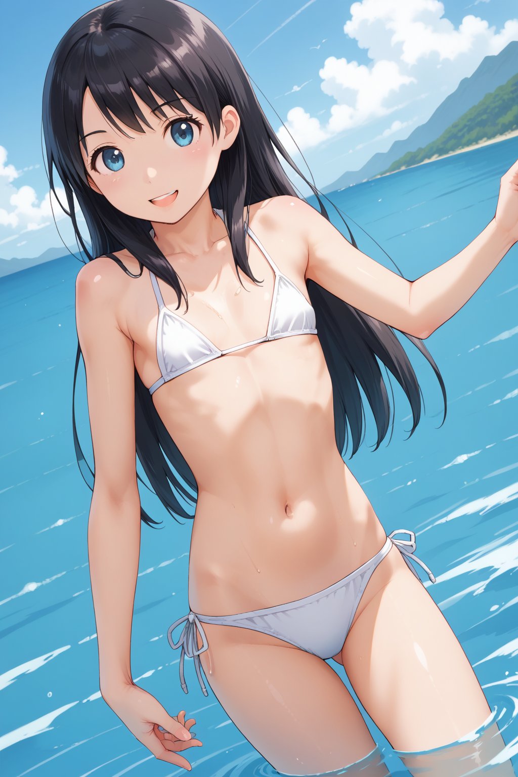 score_9, score_8_up, score_7_up,score_6_up,
,//characters, 1girl, solo, ayaseena, ((tiny body)), flat chest, black hair, long hair
white bikini, 
,//situations, sea
,//pose, 
1girl, partially submerged, eyes opened, in the middle of the water, happy, naughty smile, dutch angle
,/LoRA, perfect anatomy, beautiful_female_fingers, (correct number of fingers), (5_fingers), (perfect hands),perfecteyes,  totori_pony