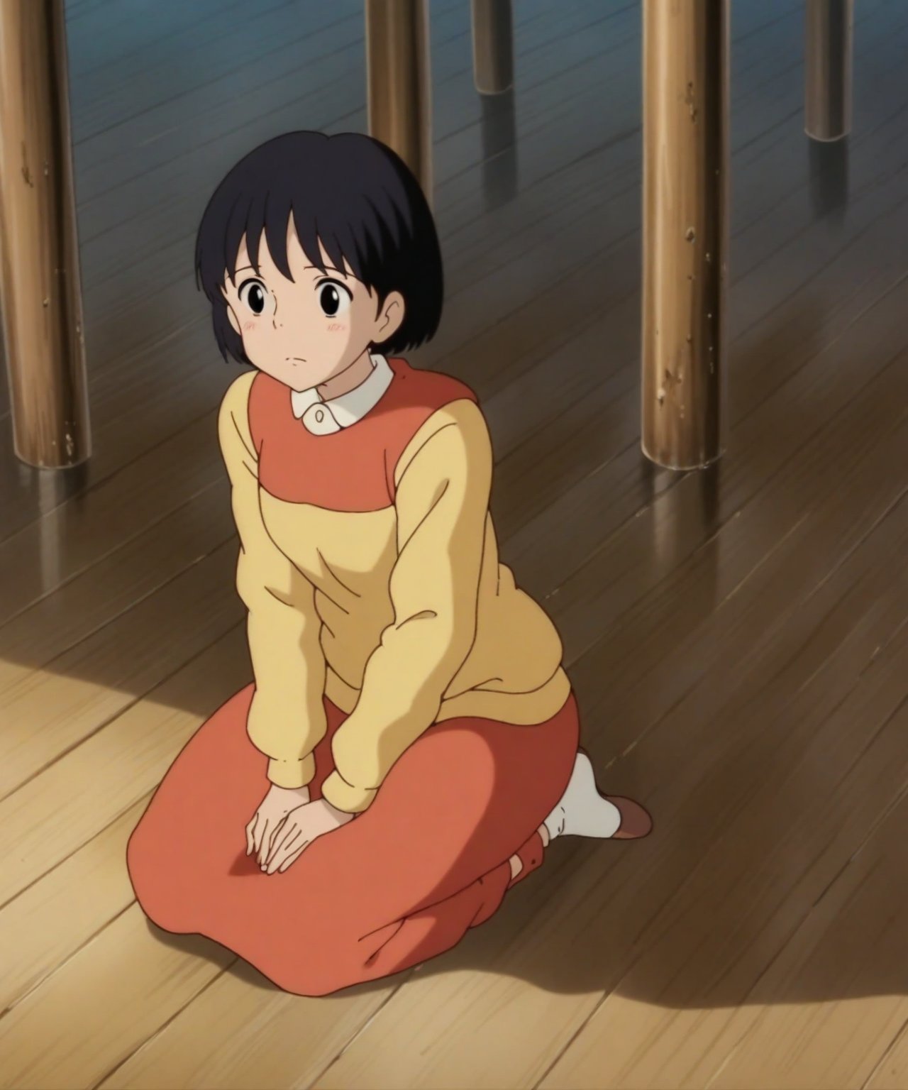 source_anime, 1girl, solo, Shizuku, blackhair, blackeyes,beautiful_female_fingers,

sit down, Wooden floor, Wooden pillar,