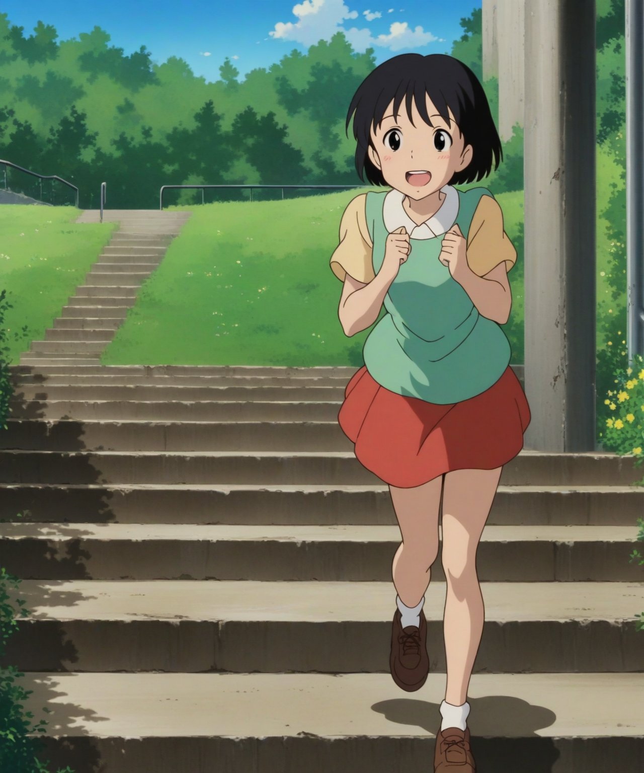 source_anime, 1girl, solo, Shizuku, blackhair, blackeyes,beautiful_female_fingers,

dash, Stairs, green_field, 