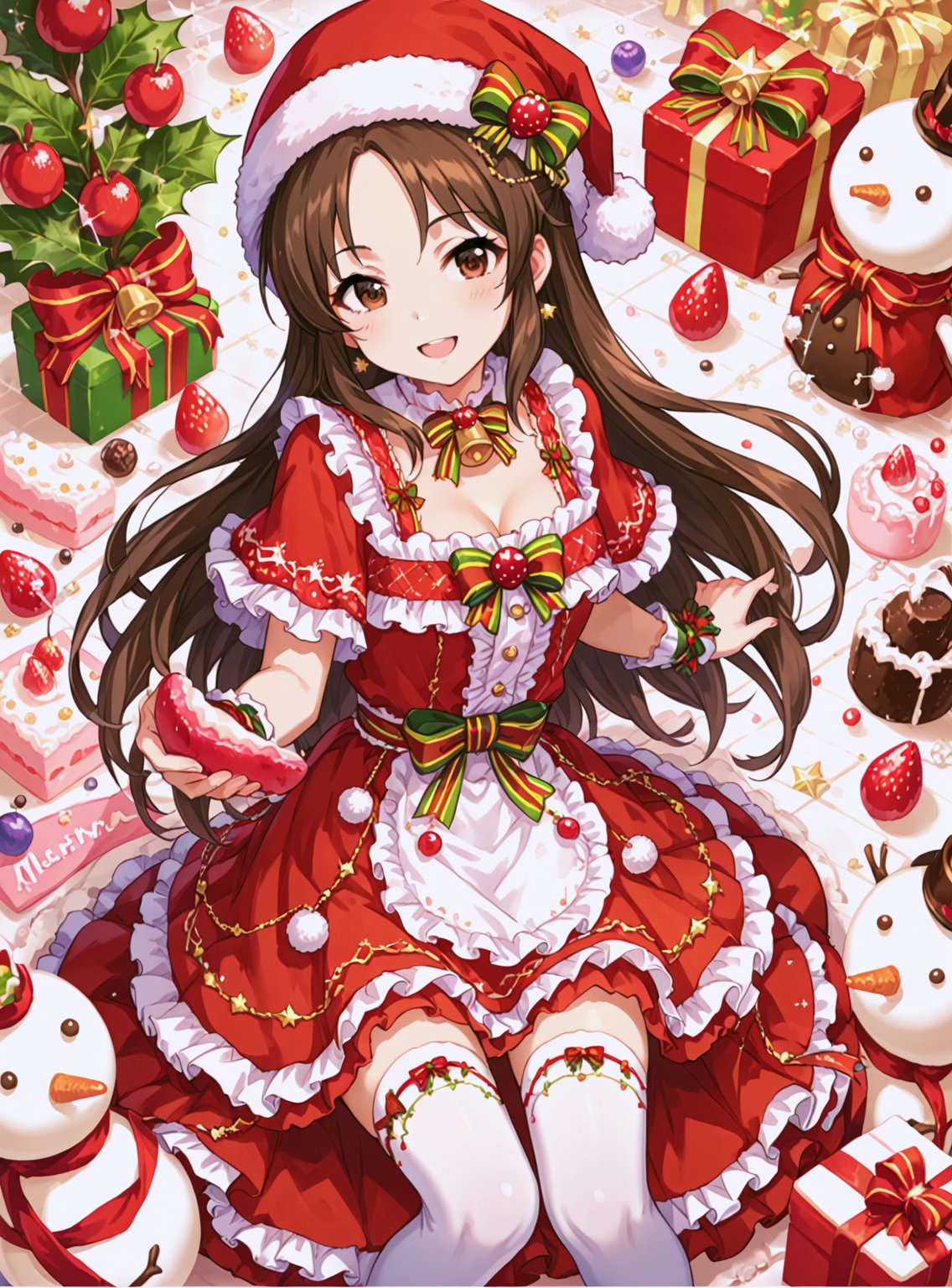 score_9, score_8_up, score_7_up, source_anime, (perfect anatomy:1.4), beautiful skin,
,//characters, 
1girl, solo, tachibana arisu, tachibanaarisu1, long hair, brown hair, brown eyes, smile, thighhighs, santa hat, bow, ribbon, white thighhighs, bell, fruit, merry christmas, cake, strawberry, oversized object, snowman,
,//situation

,//Pose

,/LoRA, beautiful_female_fingers, (5 fingers), (anatomicaly correct hands, perfect hand), (beautiful hands), perfect anatomy,