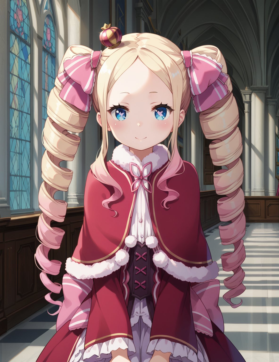 source_anime, score_7_up, score_8_up, score_9_up, perfect anatomy,

Betty, 1girl, drill hair, blonde hair, solo, blue eyes, crown, twin drills, long hair, ribbon, sidelocks, symbol-shaped pupils, mini crown, capelet, fur trim, hair ribbon, looking at viewer, fur-trimmed capelet, red capelet, twintails, multicolored hair, closed mouth, pink hair, pink ribbon, gradient hair, blush, (flat chest:1.4), (Petite:1.4),

indoors, smile, looking at viewer, solo,
cathedral, indoor, shy, cute pose,  beautiful_female_fingers,