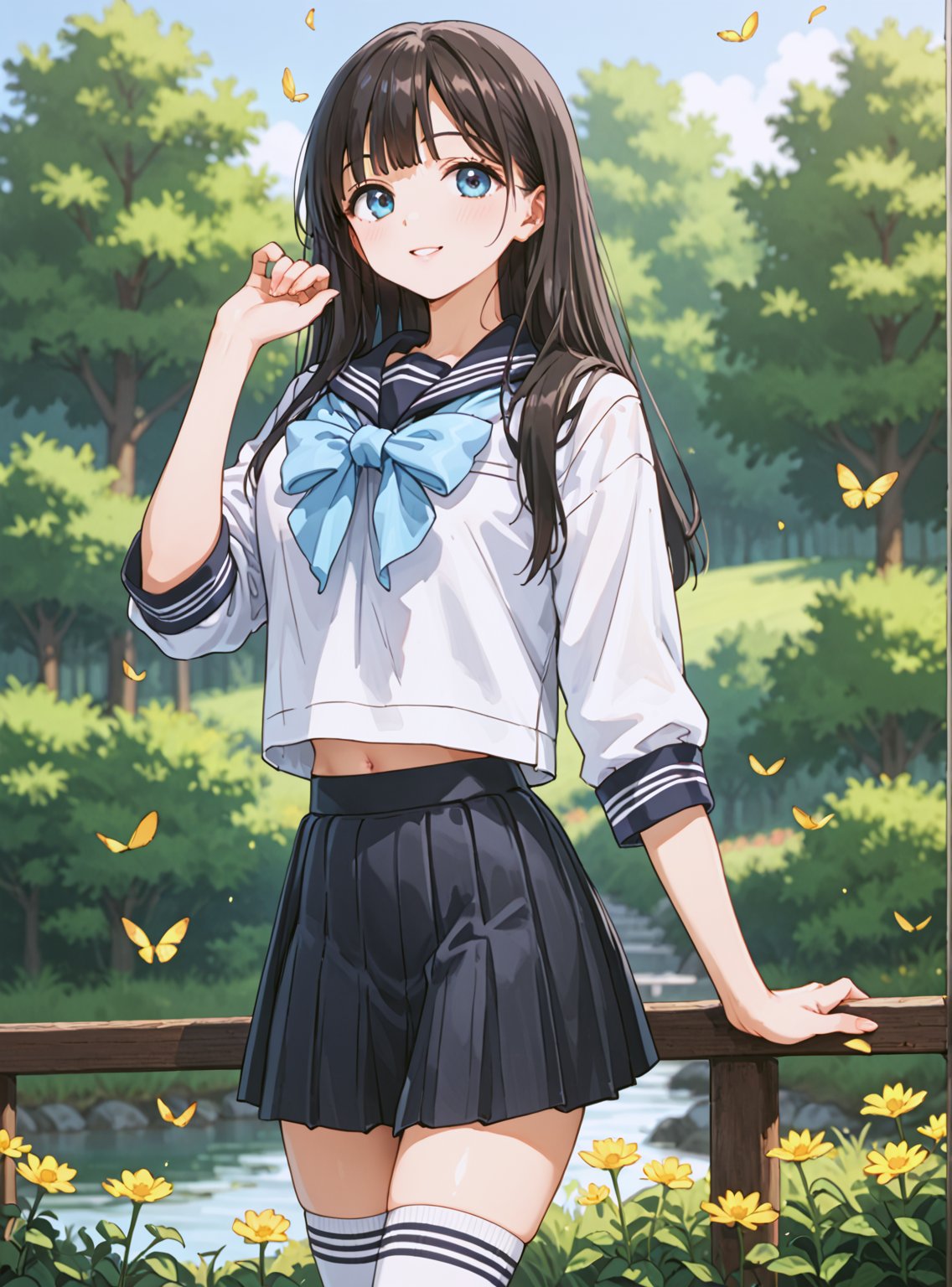 score_9, score_8_up, score_7_up, source_anime, (perfect anatomy:1.4), beautiful skin,
,//characters, 
1girl, solo, akebikomichi, (black pleated skirt, serafuku, blue bow, socks), 
,//situations, 
outdoor
,//pose,
posing
,/LoRA, beautiful_female_fingers, (4_fingers and 1thumb on hand), (perfect hand), (beautiful hands), perfect anatomy,