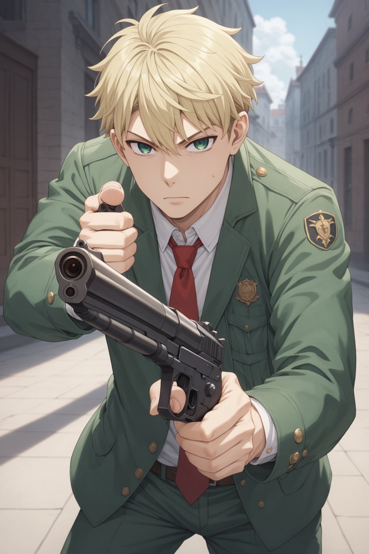 (score_9, score_8_up:1.1), score_7_up,score_6_up,8K,

1boy with gun, loid forger, blonde hair,green eyes, solo, extremely detailed face, ((slanted eyes)), eyes half-closed, green jacket, red tie, green pants,  holding_weapon, Aimpoint, 

detailed hair, sense of sacredness, looking-at-viewer,long shot,holding gun, aiming, aiming at viewer, finger on trigger, stylish pose,

beautiful_female_fingers