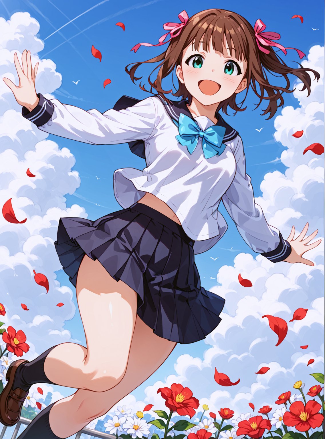 source_anime,score_7_up,score_8_up,score_9, (perfect anatomy:1.4)
,//characters, 1girl, solo, amami haruka, hair ribbon
school uniform, serafuku, white shirt, black sailor collar, blue bowtie, long sleeves, black skirt, pleated skirt, black socks, 
,//situations, 
blue sky, cloud, outdoor, flowers, sushine, 
,//pose,  
dutch angle, blush, big smile, open mouth, happy, dash, side view, flom front, jumping, spining, ,
,/LoRA, beautiful_female_fingers, (4_fingers and 1thumb on hand), (correct number of fingers), (beautiful hands), perfect anatomy,