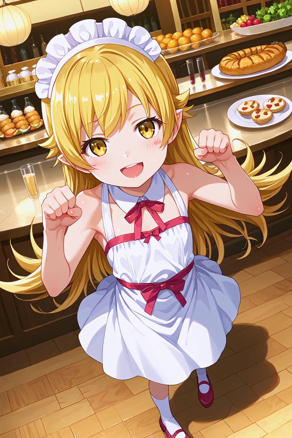 (masterpiece, best quality, ultra-detailed, 8K),(picture-perfect face),best quality, anime style, 1girl, detailed hair, solo, detail eye, detailed background ,shiny skin,
,Oshino_Shinobu, yellow_eyes, blonde_hair, long_hair, flat_chest, pointy_ears, blush_stickers, 
(4_fingers+1thumb on hand), perfect hands, beautiful_female_fingers,

cafe, indoor, a girl, Cafe Maid, smile, cute pose, open_mouth, from above, more detailed, 
dynamic angle, paw pose, three quarter view,