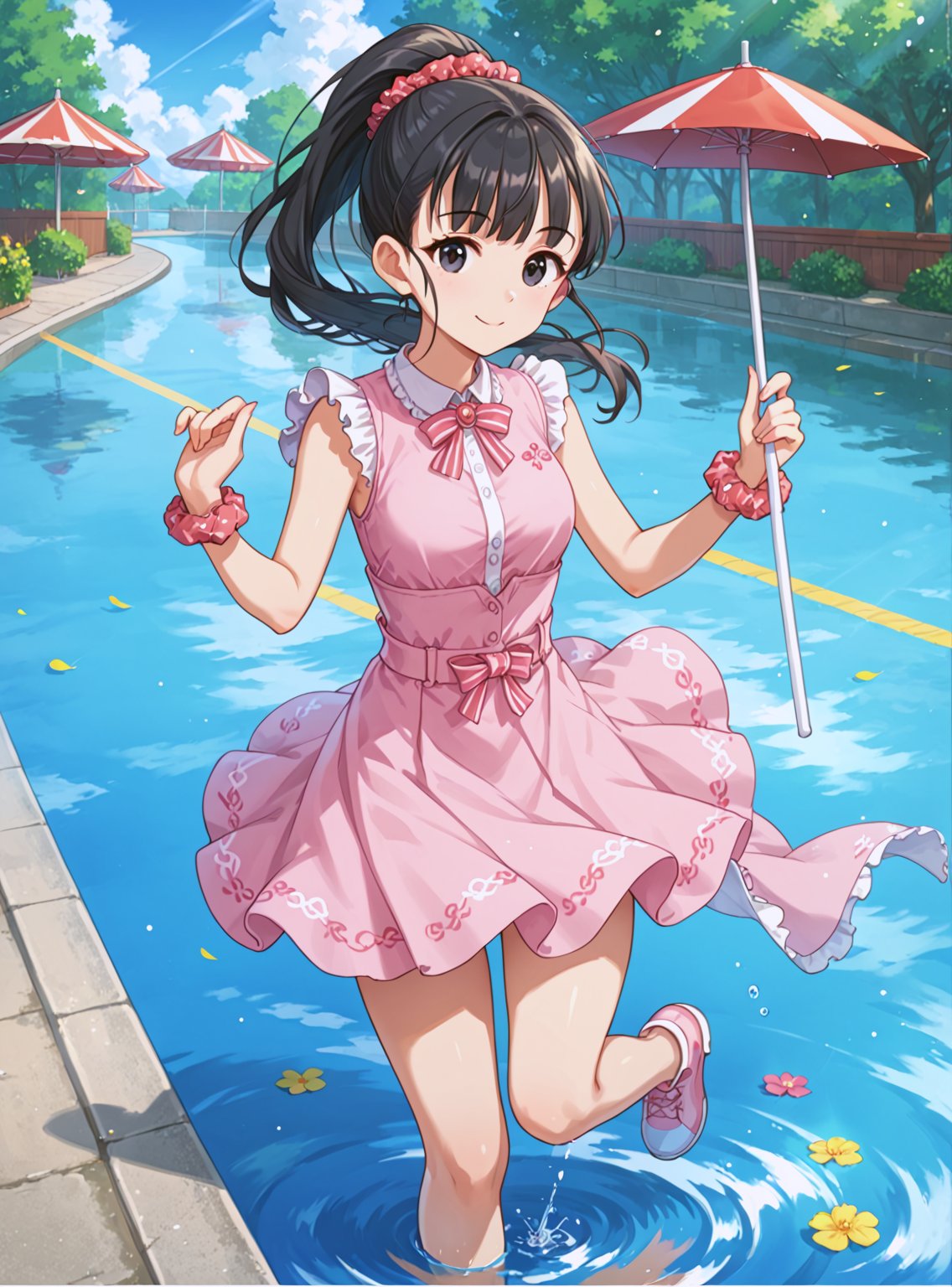 score_9, score_8_up, score_7_up, source_anime, (perfect anatomy:1.4), beautiful skin,
,//characters, 
1girl, solo, fukuyamamai1, black hair, bangs, ponytail, scrunchie, black eyes, 
sleeveless, pink skirt,
,//situation
outdoors, water, puddle
,//Pose
1girl, solo, holding umbrella, closed umbrella, 
,/LoRA, beautiful_female_fingers, (4_fingers and 1thumb on hand), (perfect hand), (beautiful hands), perfect anatomy,