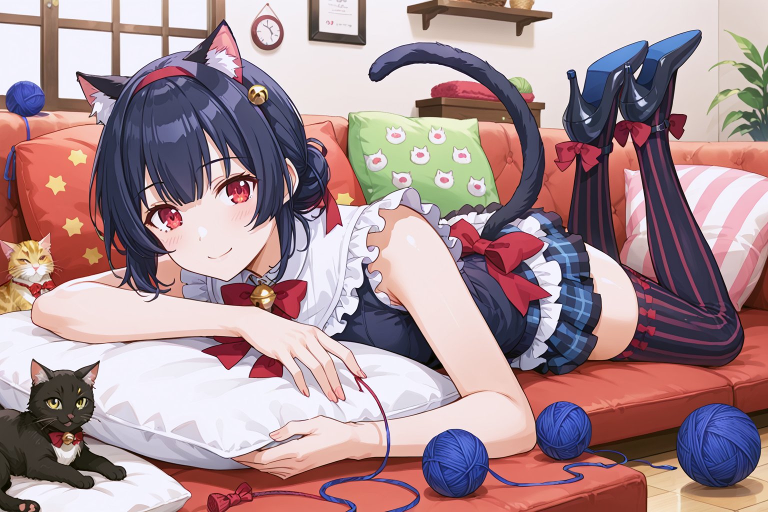 ,//characters, 
1girl, solo, morino rinze, morinorinze02, 1girl, solo, morino rinze, morinorinze01, short hair, bangs, hair bun, plaid, black hair, red eyes, hair ribbon, blush, smile, bow, ribbon, hairband, cat ears, sleeveless, skirt, pola dot, cat tail, bell, tail ornament, black gloves, vertical-striped thighhighs, high heels, smile, closed mouth, lying, on stomach, indoors, pillow, sparkle, cat, couch, cat teaser, yarn, yarn ball,,//situations, 

,//pose, 

,/LoRA, perfect anatomy, beautiful_female_fingers, (correct number of fingers), (5_fingers), (perfect hands),perfecteyes