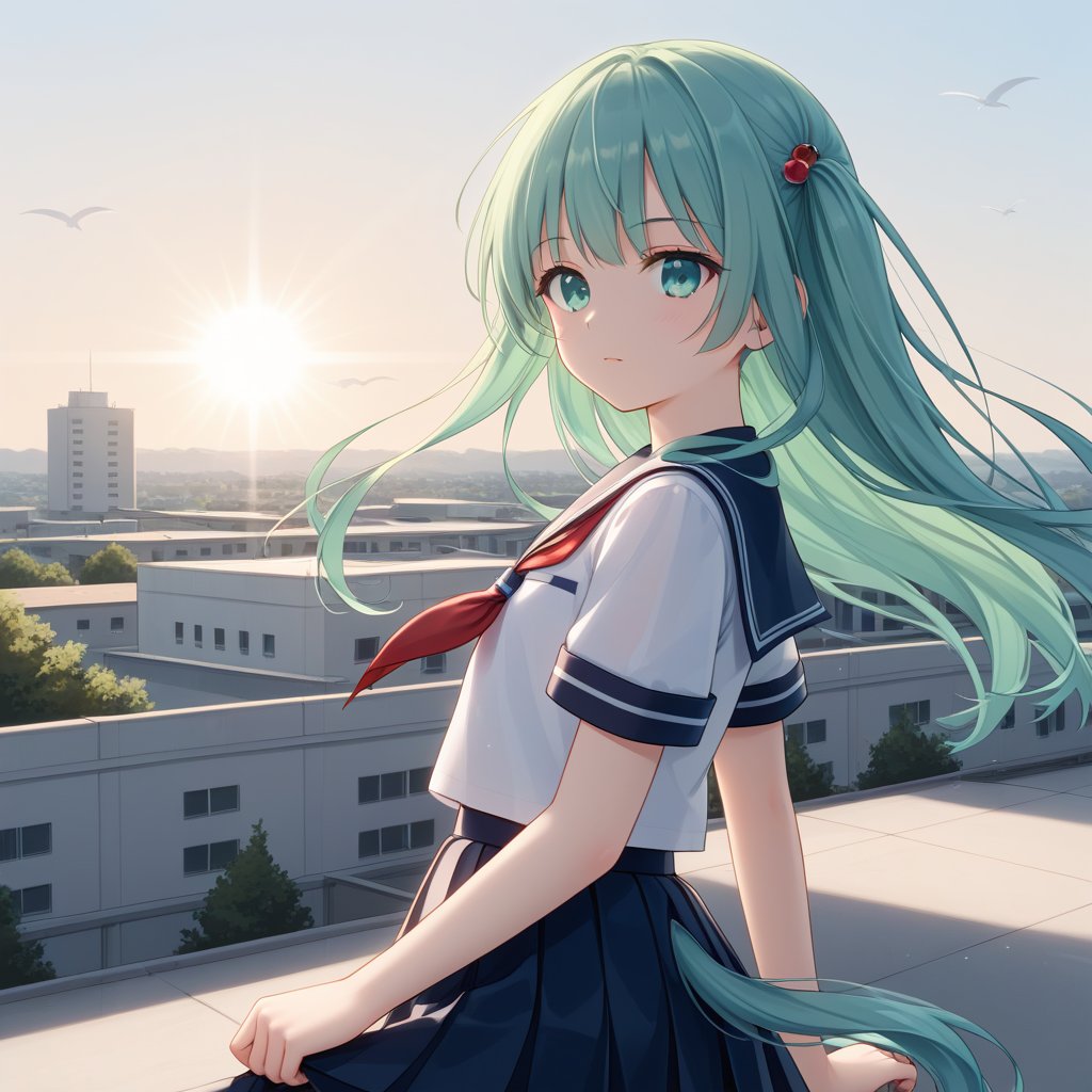 Claudia, solo,flat chest, side pony tail, shoulder length, aqua Green hair, mahogany eyes, school uniform, prefect badge, school, rooftop,
her hair is fluttering in the wind, Holding her bangs,
sunshine, natural lighting, Lighting that makes the girl's face look beautiful, ultra-detailed face,
best quality, amazing quality, very aesthetic, absurdres, 