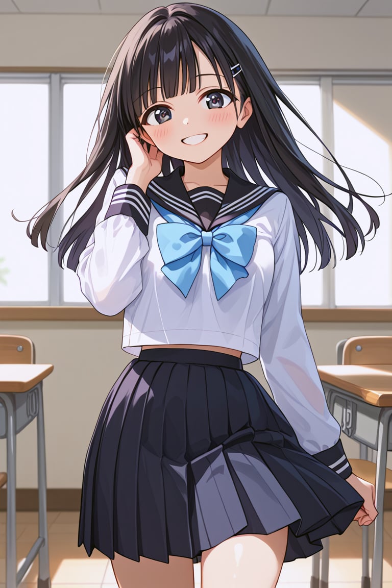 score_9, score_8_up, score_7_up, source_anime, rating_safe, 
BREAK  akebi komichi, 1girl,eye_narrowed, black eyes, black hair, long hair, blunt bangs, school uniform, serafuku, white shirt, black sailor collar, blue bowtie, long sleeves, black skirt, pleated skirt, black socks,

lyrical Scene, blush, smile, (((watery eyes))), narrow eyes, wind, ((hair fluttering)), blushing, , classroom, solo,
from front, (((close up))), face focus, 
,beautiful_female_fingers