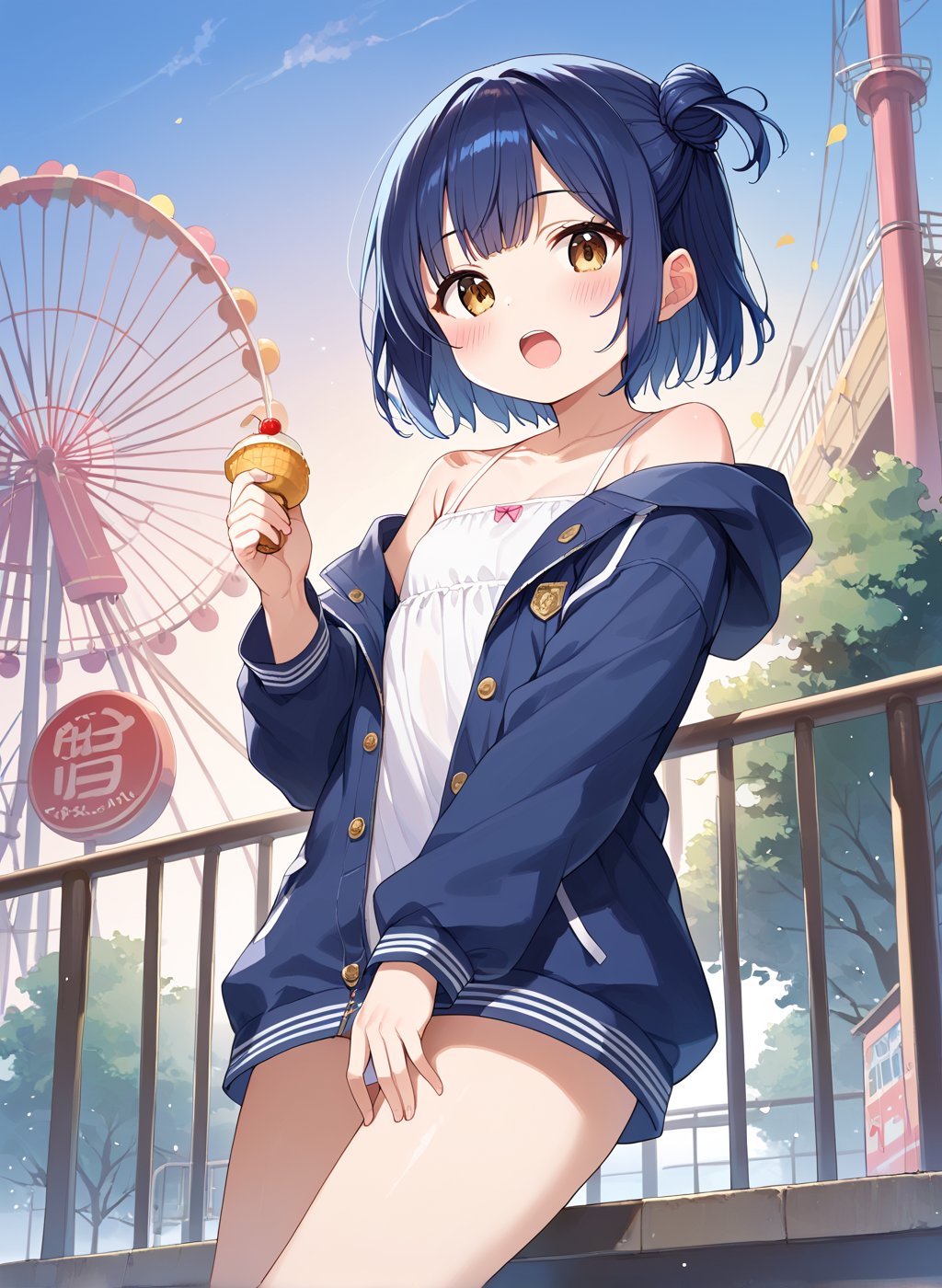 score_9, score_8_up, score_7_up,1girl, myo_chan, tiny, flat chest, one side bun, short cut, navy hair, dark gold eyes, open_mouth, blush, MYO_CHAN, blue hair,
ed fur-trimmed jacket,

playing, in a amusement_park, looking at viewer, blush, open mouth, dynamic angle, 

(((5_fingers))), beautiful_female_fingers, 