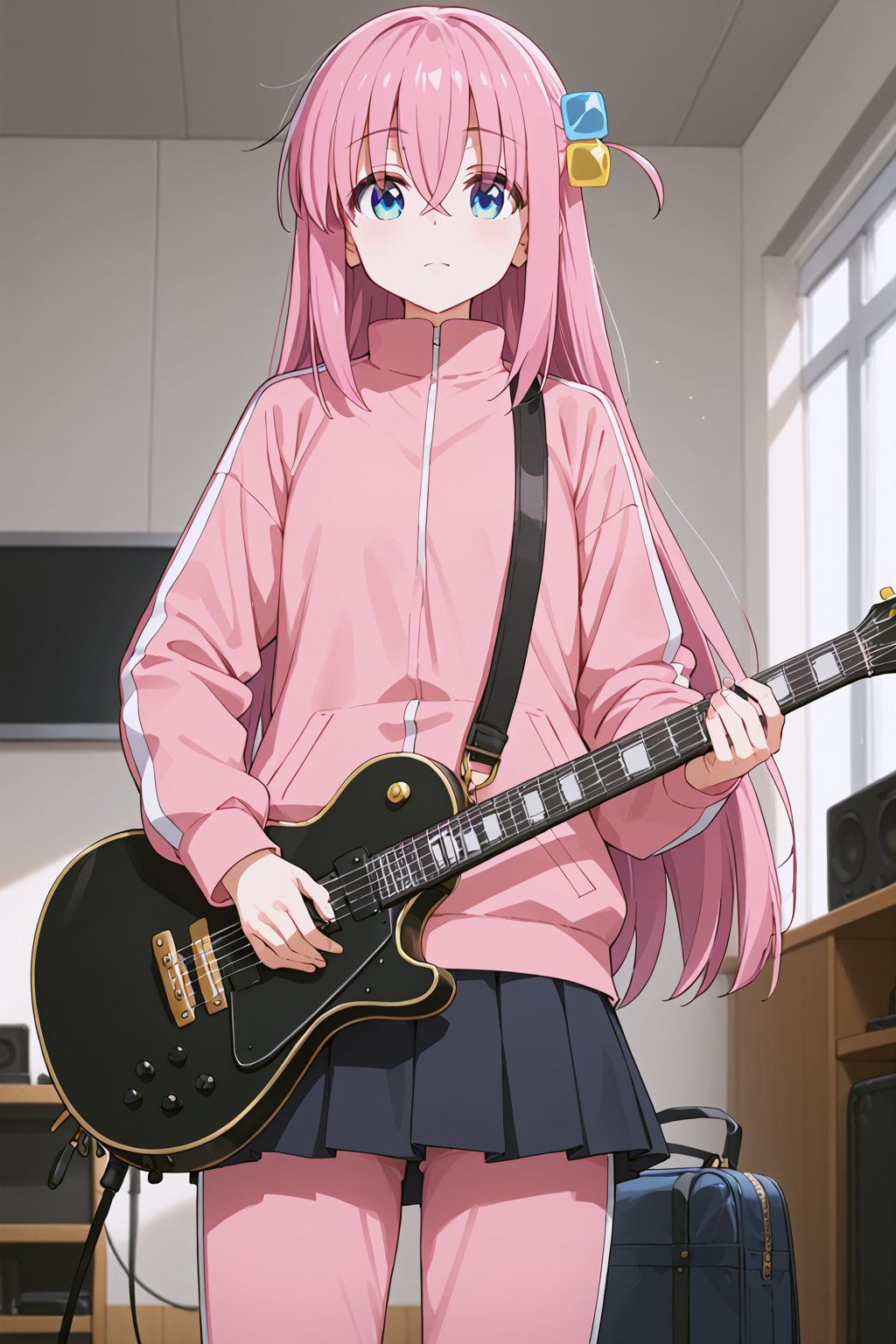 score_9, score_8_up, score_7_up, score_6_up, source_anime, (ultra-detailed:1.5),
Score_Anime,
looking at viewer, room, (((playing the guitar))), dynamic angle

hitori gotou, big eyes, blue eyes, cube hair ornament, hair between eyes, hair ornament, pink hair, one side up, long hair,
black skirt, jacket, long sleeves, pants, pants under skirt, pink jacket, pink pants, pleated skirt, skirt, track jacket, track pants, track suit,

,(((5_fingers))),beautiful_female_fingers,