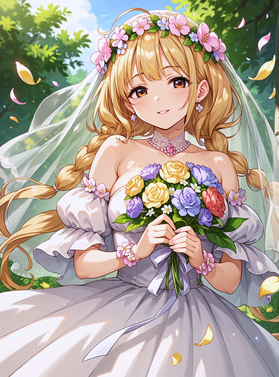 score_9, score_8_up, score_7_up, source_anime, (perfect anatomy:1.4), beautiful skin,
,//characters, 
1girl, solo, futaba anzu, dress, jewelry, flower, earrings, veil, bouquet, wedding dress, bridal veil, head wreath,
,//situation

,//Pose

,/LoRA, beautiful_female_fingers, (4_fingers and 1thumb on hand), (perfect hand), (beautiful hands), perfect anatomy,