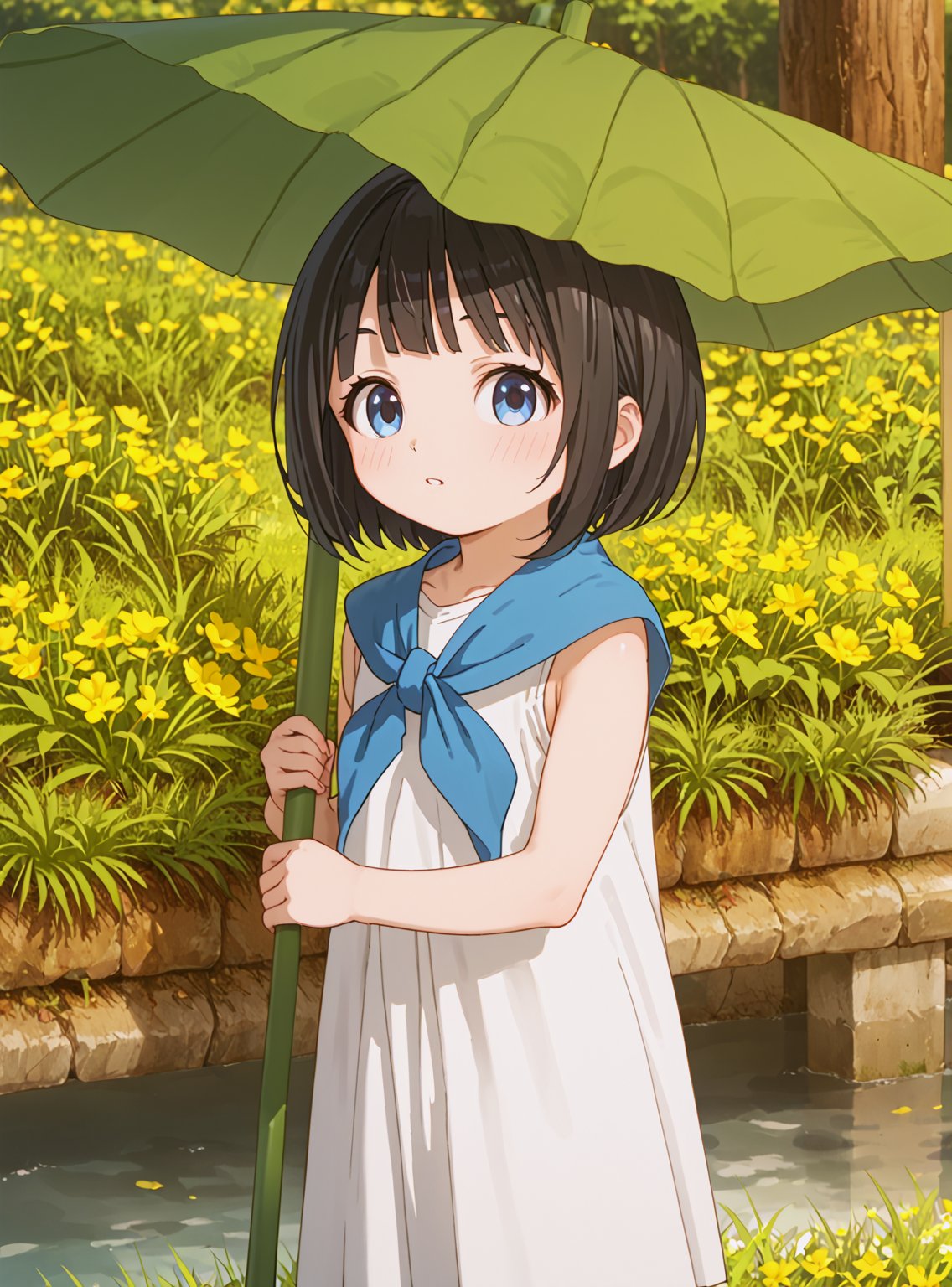 score_9, score_8_up, score_7_up, source_anime, (perfect anatomy:1.4), beautiful skin,
,//characters, 
1child, solo, akebikao, short hair, bangs, blue eyes, black hair, white dress, sleeveless, neckerchief, outdoors, holding leaf umbrella, grass
,//situation

,//Pose

,/LoRA, beautiful_female_fingers, (4_fingers and 1thumb on hand), (perfect hand), (beautiful hands), perfect anatomy,