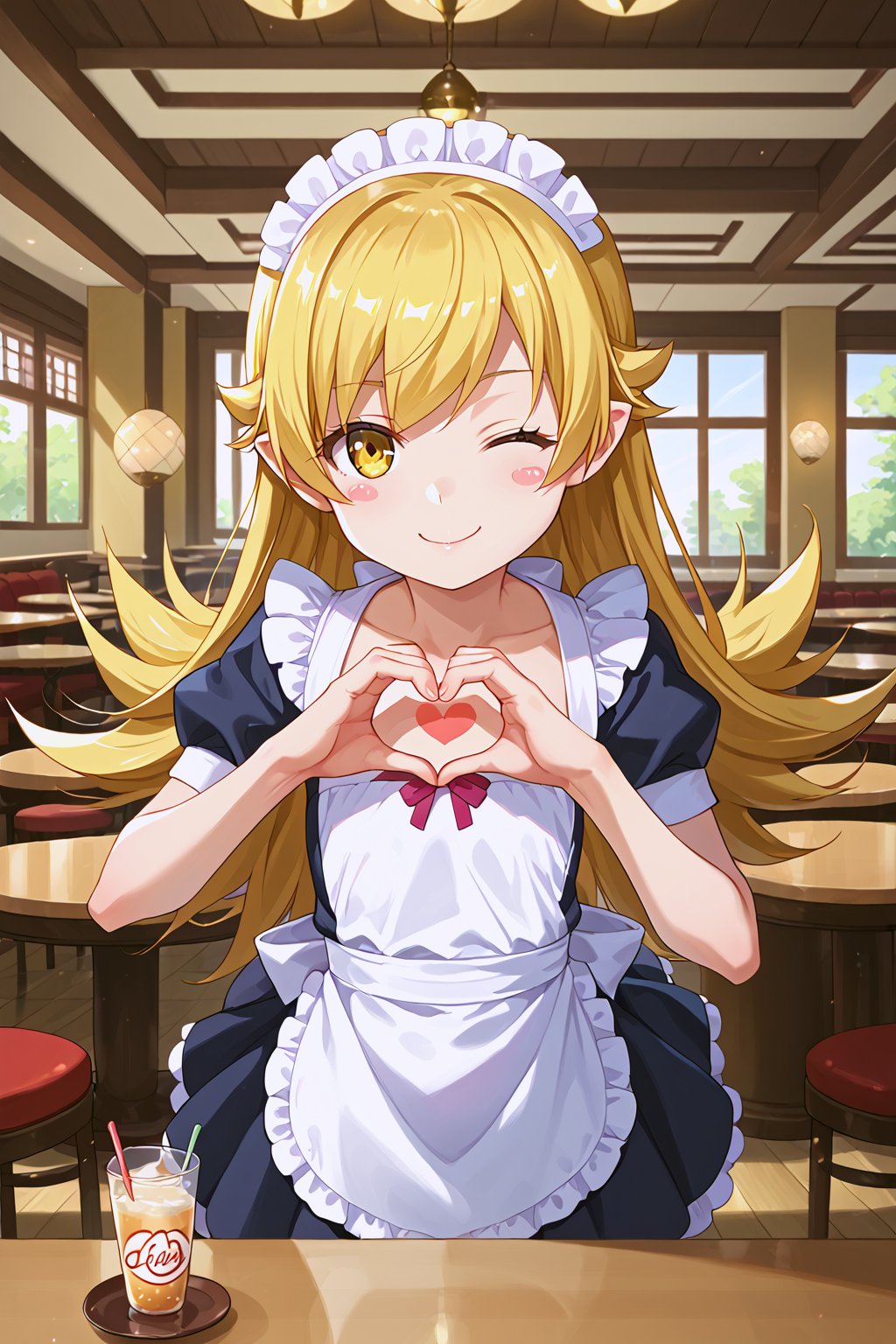 (masterpiece, best quality, ultra-detailed, 8K),(picture-perfect face),best quality, anime style, 1girl, detailed hair, solo, detail eye, detailed background ,shiny skin,
,Oshino_Shinobu, yellow_eyes, blonde_hair, long_hair, flat_chest, pointy_ears, blush_stickers, 
(4_fingers+1thumb on hand), perfect hands, beautiful_female_fingers,

cafe, indoor, a girl, Cafe Maid, wink, heart hands, cute pose,
dynamic angle, paw pose, three quarter view,