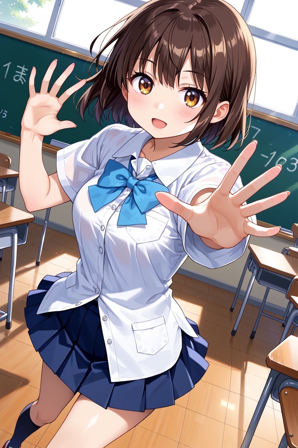 ,//characters, 1girl, MYO_CHAN, single bow
,//situations, classroom
,//pose, 
dynamic pose, dynamic angle, from above
,/LoRA, perfect anatomy, beautiful_female_fingers, (correct number of fingers), (5_fingers), (perfect hands),perfecteyes,