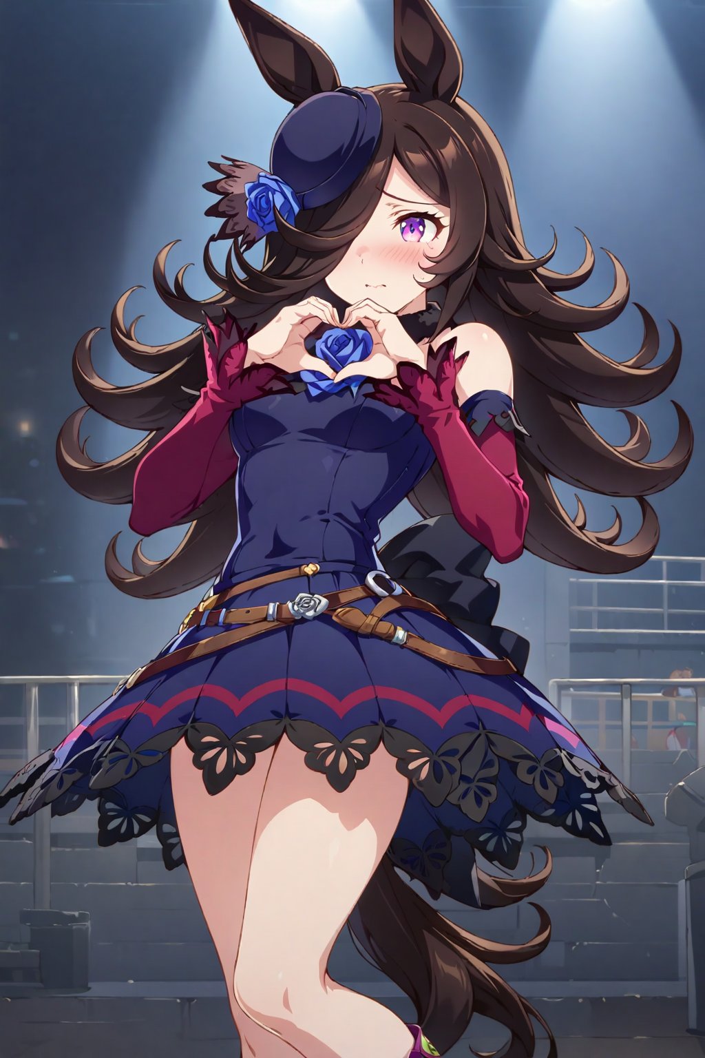 masterpiece, best quality, ultra-detailed, perfect anatomy, High detailed, detailed background, anime_source, official_art,

1girl,rice shower \(umamusume\),horse ears,long hair,brown hair,black hair,hair over one eye,riceshowerXL,

solo, blush, shy, dancing, stage, heart_hands ,three-quarter view,flom below,

,beautiful_female_fingers,
,score_9, score_8_up, score_7_up,Expressiveh, concept art, Anime ,hentai, dark theme,