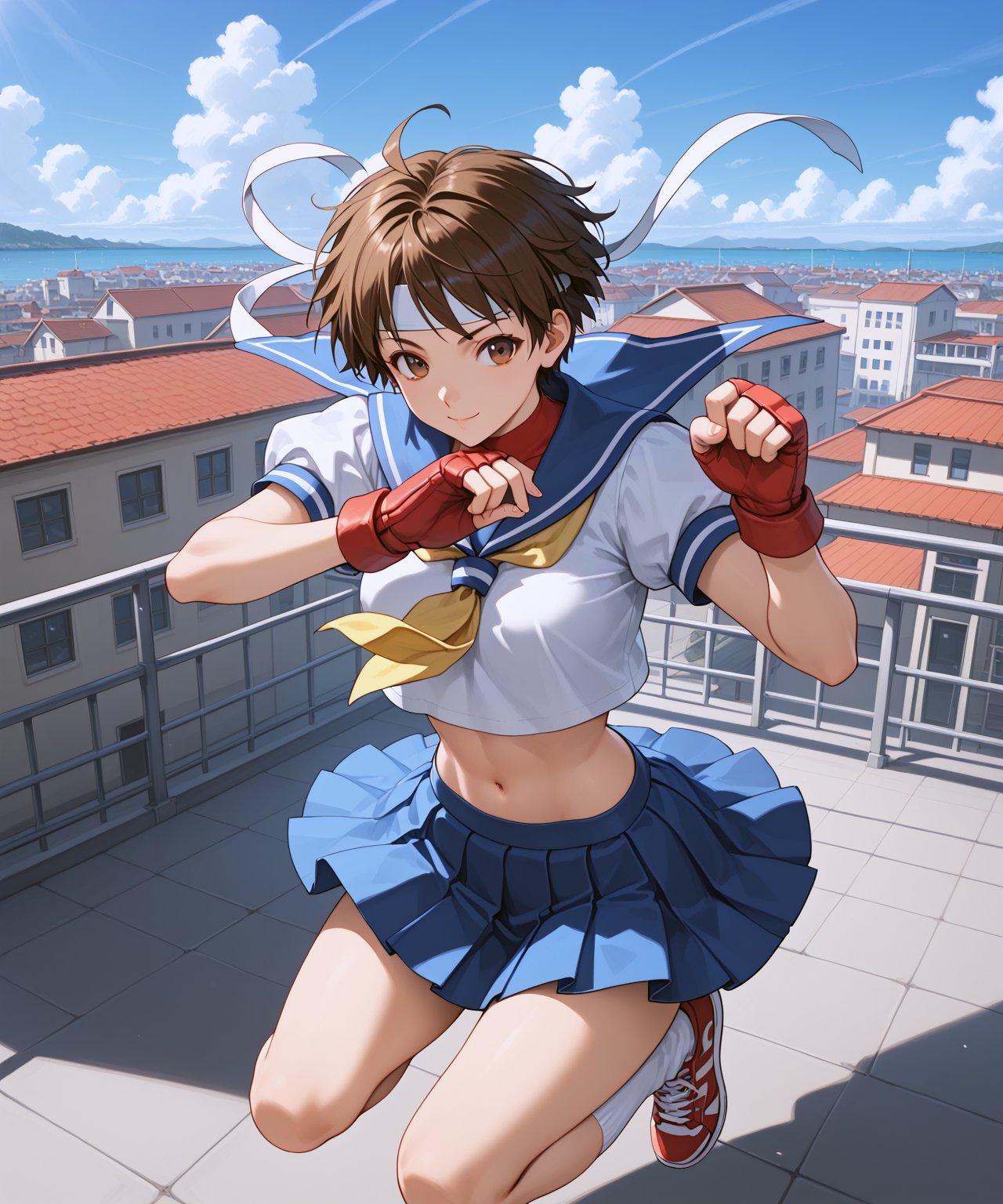 score_9, score_8_up, score_7_up, score_6_up, source_anime, perfect anatomy
//characters, 1girl, solo, sakura kasugano, brown eyes, brown hair, short hair, midriff, stomach, navel, 
school uniform, shirt, white shirt, crop top, sailor collar, short sleeves, skirt, blue skirt, miniskirt, ankle socks, shoes, socks, sneakers, headband, white headband, gloves, red gloves,
,//situations, street
,//pose,
syouryuken, uppercut, punch the sky , jumping, from above
,/LoRA, beautiful_female_fingers, perfect anatomy, correct number of fingers, 5_fingers, perfect hands, beautiful hands