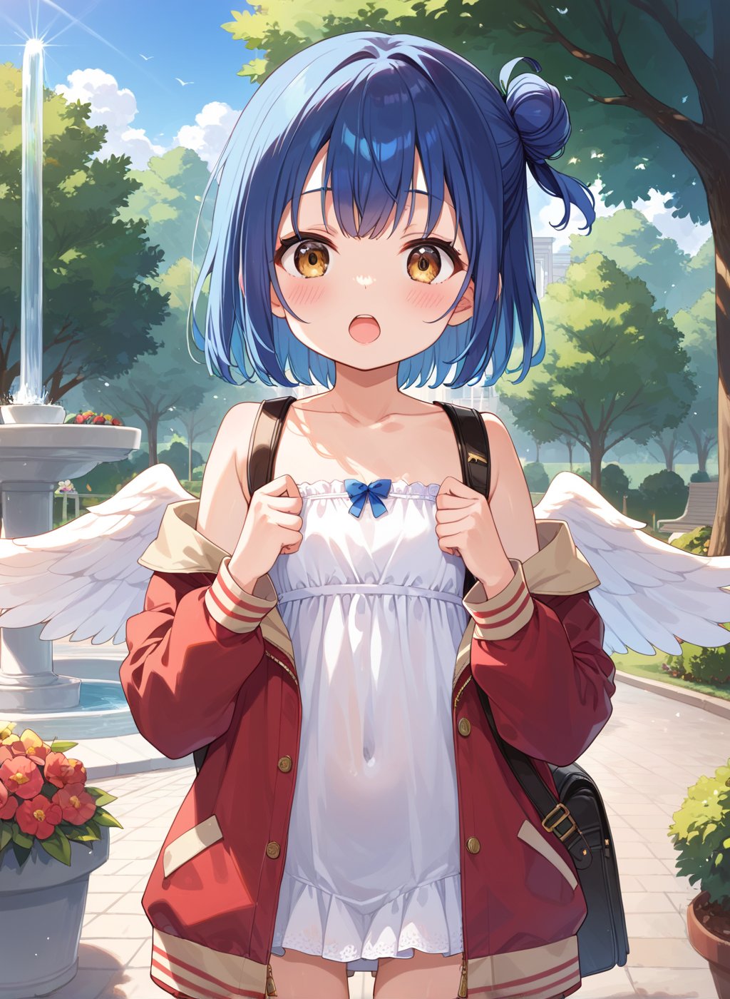 score_9, score_8_up, score_7_up,1girl, myo_chan, tiny, flat chest, one side bun, blue hair, dark gold eyes, open_mouth, blush, beautiful_female_fingers, MYO_CHAN,
looking at viewer, blush, open mouth, red fur-trimmed jacket, A backpack decorated with simple angel wings. park, fountain