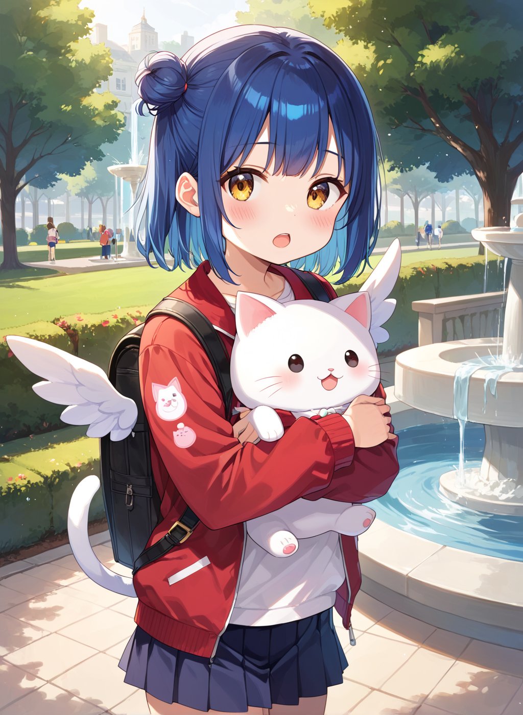 score_9, score_8_up, score_7_up,1girl, myo_chan, tiny, flat chest, one side bun, blue hair, dark gold eyes, open_mouth, blush, beautiful_female_fingers, MYO_CHAN,
looking at viewer, blush, open mouth, red fur-trimmed jacket, A backpack decorated with simple angel wings. park, fountain, Hugging a stuffed cat, cat_ear_cuff,