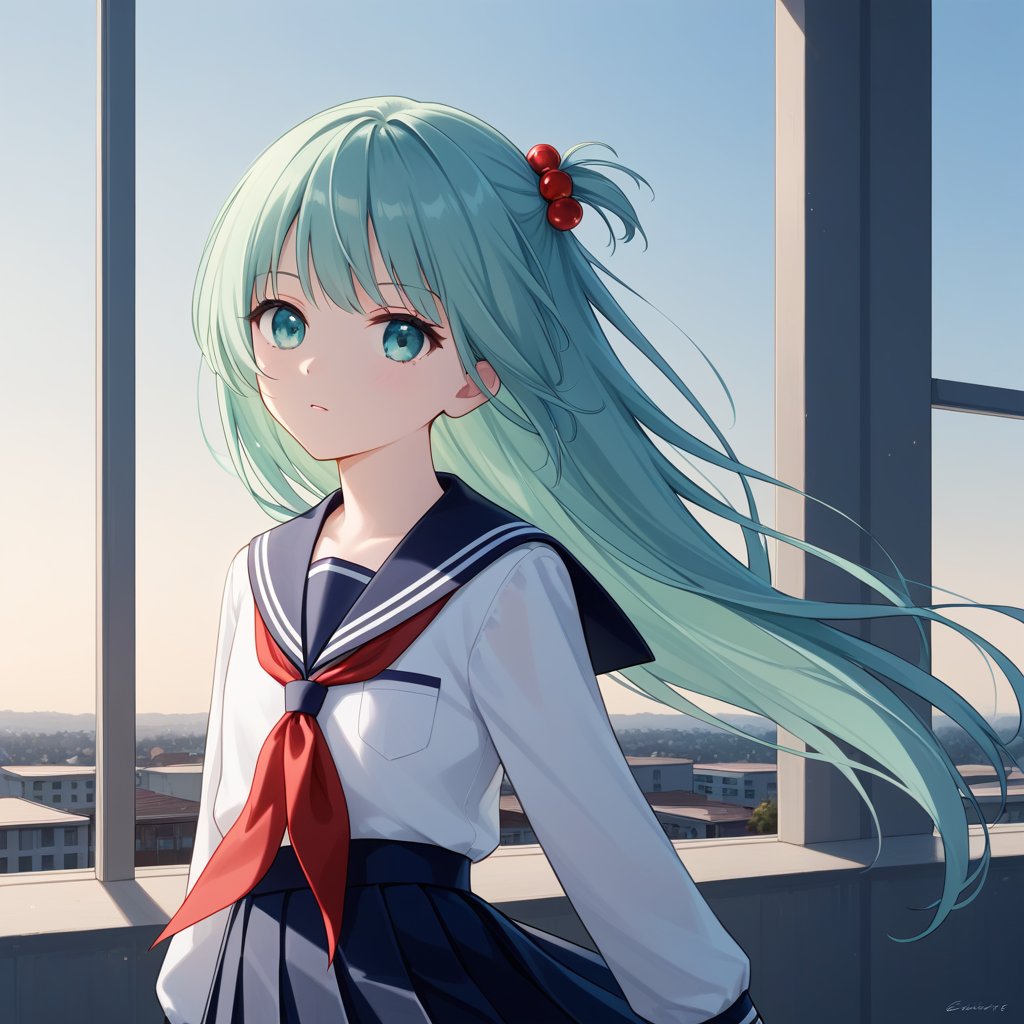 Claudia, solo,flat chest, side pony tail, shoulder length, aqua Green hair, mahogany eyes, school uniform, prefect badge, school, rooftop,
her hair is fluttering in the wind, Holding her bangs,
at daylight, cinematic lighting, Lighting that makes the girl's face look beautiful, ultra-detailed face,
best quality, amazing quality, very aesthetic, absurdres, 