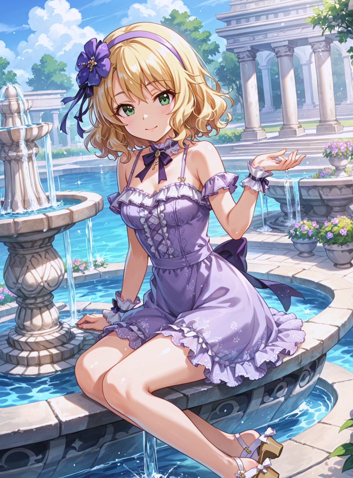 score_9, score_8_up, score_7_up, source_anime, (perfect anatomy:1.4), beautiful skin,
,//characters, 
1girl, solo sakurai momoka, sakuraimomoka1, short hair, wavy hair, blonde hair, green eyes, hair ornament, hair band, bow, flower, purple dress, frills, sandals, wrist cuffs, outdoor, sky, day, water, fountain, sitting,
,//situation

,//Pose

,/LoRA, beautiful_female_fingers, (5 fingers), (anatomicaly correct hands, perfect hand), (beautiful hands), perfect anatomy,