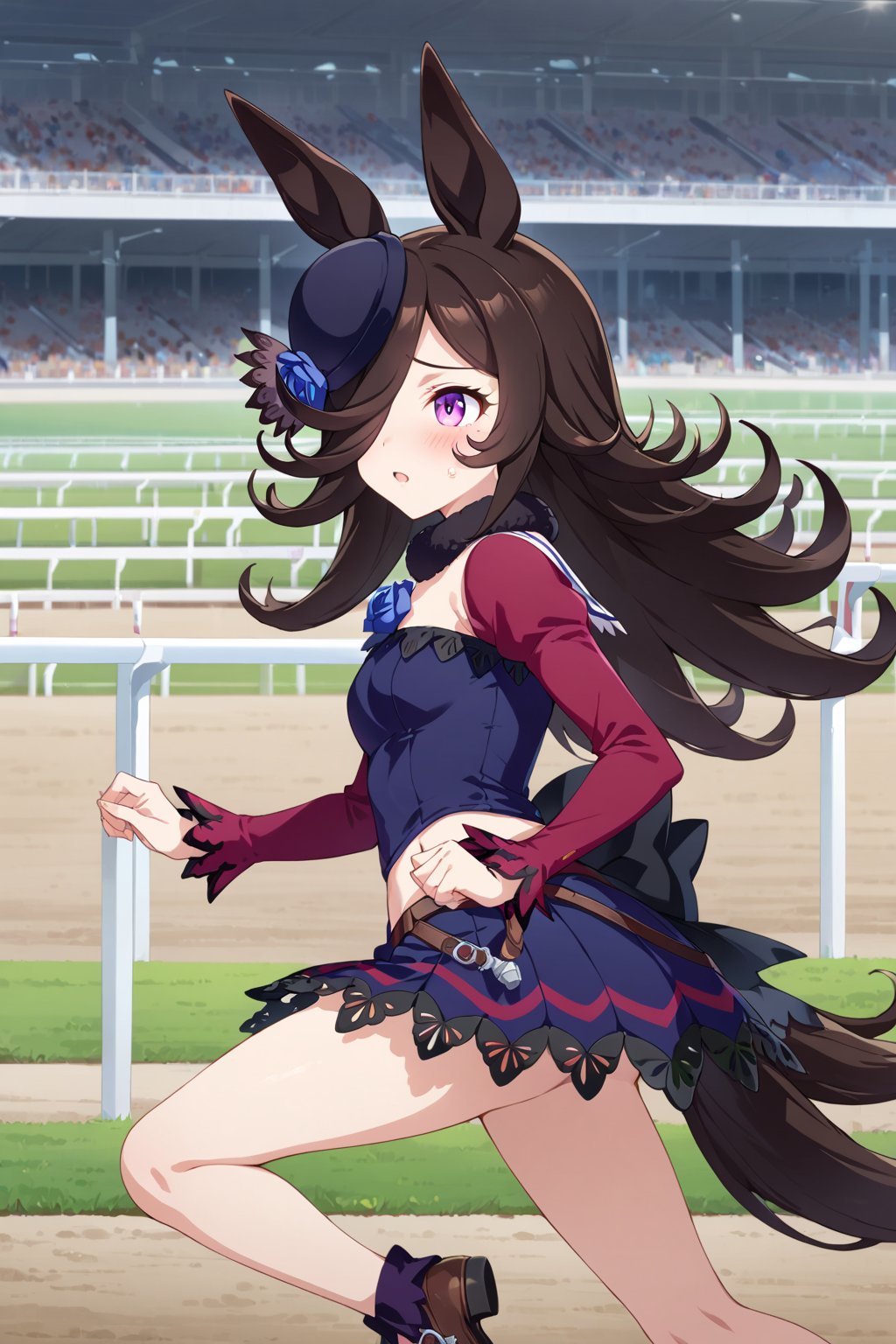 masterpiece, best quality, ultra-detailed, perfect anatomy, High detailed, detailed background, anime_source, official_art,

1girl,rice shower \(umamusume\),horse ears,long hair,brown hair,black hair,hair over one eye,riceshowerXL,

blush, (running form:1.3), dash, racecourse,three-quarter view,

,beautiful_female_fingers,
,score_9, score_8_up, score_7_up,Expressiveh, concept art, Anime ,hentai, dark theme,