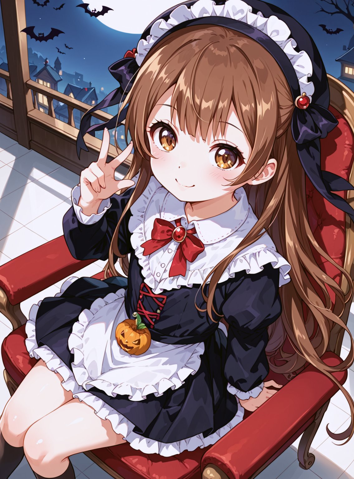 score_9, score_8_up, score_7_up, source_anime, (perfect anatomy:1.4), beautiful skin, 
,//characters, 
1child, solo, oomorohanako1, blush, long hair, brown hair, brown eyes, l
vampire costume,
,//situation, 
halloween night
,//pose, 
sitting on chair, from above, dutch angle, smile
,/LoRA, beautiful_female_fingers, (4fingers and 1thumb), (correct number of fingers), (beautiful hands), perfect anatomy