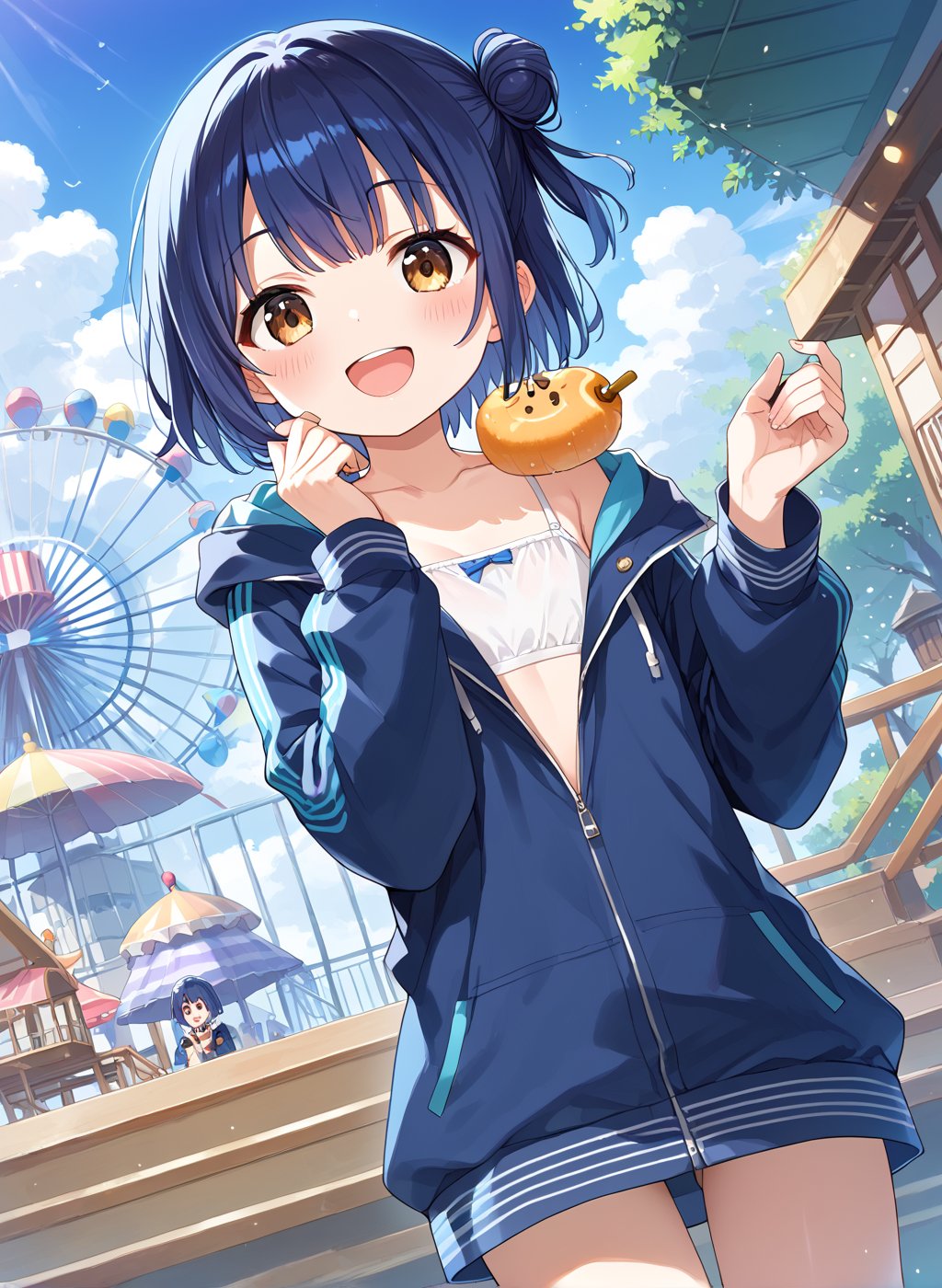 score_9, score_8_up, score_7_up,1girl, myo_chan, tiny, flat chest, one side bun, short cut, navy hair, dark gold eyes, open_mouth, blush, MYO_CHAN, blue hair,
ed fur-trimmed jacket,

playing, in a amusement_park, looking at viewer, blush, full smile, dynamic angle, 

(((5_fingers))), beautiful_female_fingers, 