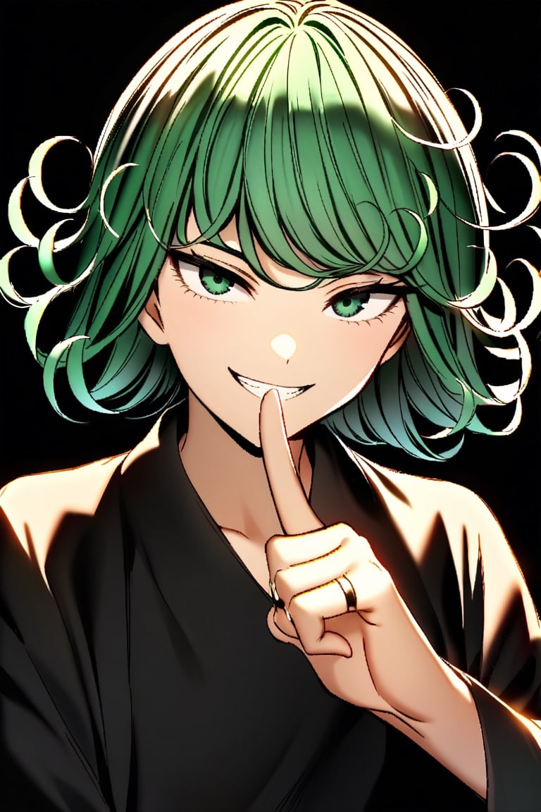 tatsumaki looking at the camera smiling while shushing with his finger, black_background, dark_filter, dark_ambient, visible_teeth, squinted_eyes, rings_on_fingers, no_ilumination