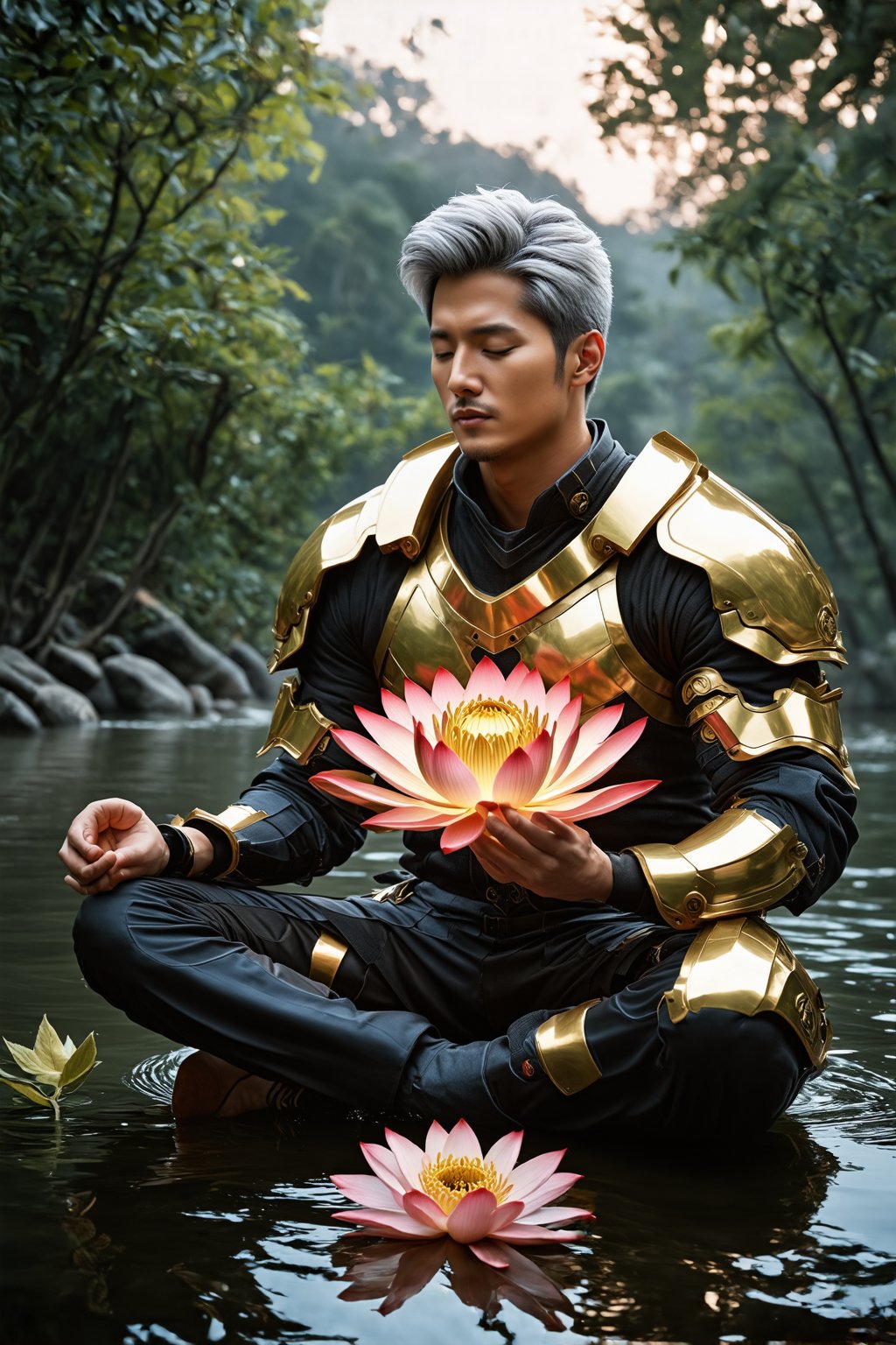 masterpiece, best quality, ultra-detailed, ultra high res, realistic, photorealistic, photo, RAW photo, realistic lighting, 
A stunningly handsome man, eyes closed with white hair, sitting cross-legged in meditation, holding a golden lotus flower. Clad in golden cyberpunk armor with an energy light in the center of his chest, next to a beautiful lotus pond. This mesmerizing image, possibly a painting, captures the serene yet powerful presence of the man in exquisite detail. Every element, from his peaceful expression to the intricate details of the armor and surroundings, exudes a sense of otherworldly beauty and grace. The overall composition and quality of the image convey a sense of awe and wonder, drawing the viewer into a moment of transcendence and inner peace.