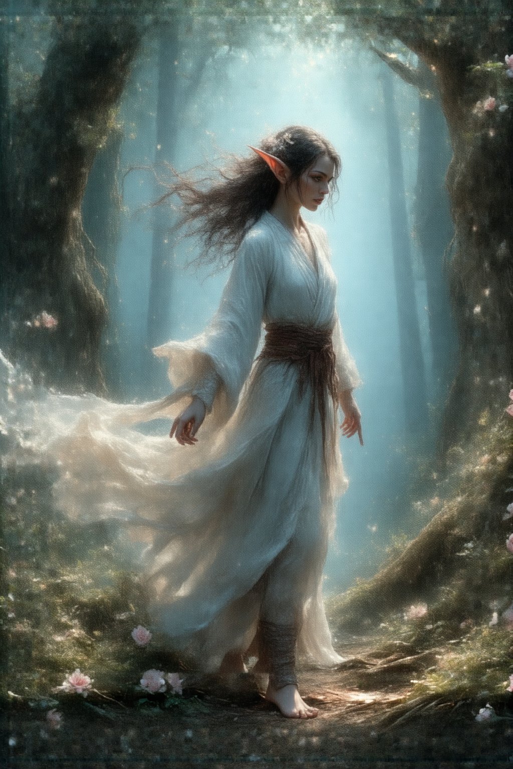 A breathtaking, 8k resolution, watercolour art, forest elf, (mid shot), clad in wispy white robes with flower accents, while evoking an aura of fury and unyielding determination, masterfully crafted in the style of Android Jones, Jean Baptiste Monge, and Alberto Seveso, blending the surrealism of James Jean with the photorealistic depth of Jeremy Mann, exhibiting maximalist composition and hyper-intricate details reminiscent of professional photography, serving as a stunning splash screen and trendsetter on Artstation, echoing the capabilities of Unreal Engine 5's octane-rendered output, triadically colorizing the surroundings, seamlessly interweaving frosty whites, flowers, and rich wood tones to create a striking visual dichotomy, ornately enriched with meticulous matte painting techniques that defy reality, altogether forming an awe-inspiring, highly detailed, and intricate fantasy concept artwork.
