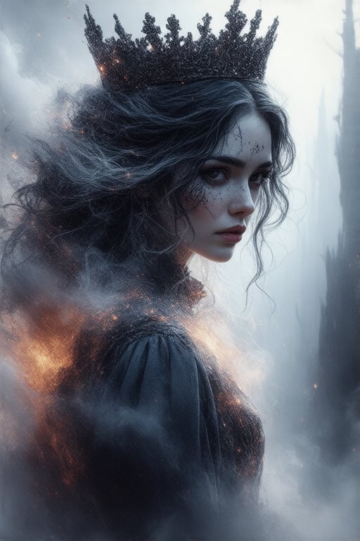 watercolour art, In a dimly lit, misty atmosphere, a somber queen stands tall, her jet-black and white hair wispy and ethereal. Her face, a map of worry lines, is framed by a cloud-like aura that seems to shift and curl around her features. The background blurs into motion, a graphic adventure unfolding with cute, whimsical details, while the queen's struggle to hold onto a small wish comes into sharp focus. Pastel hues dance across her face and hair, which glimmers with asymmetrical sparkle like glittering moonlight. The queen's gaze is intense, her eyes shining with a quiet desperation as she clings to her tiny, delicate hope. A wide-angle lens captures the sense of depth, as if we're floating alongside this hauntingly beautiful queen in a misty world of worry and longing.