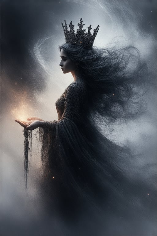 watercolour art, In a dimly lit, misty atmosphere, a somber queen stands tall, her jet-black and white hair wispy and ethereal. Her face, a map of worry lines, is framed by a cloud-like aura that seems to shift and curl around her features. The background blurs into motion, a graphic adventure unfolding with cute, whimsical details, while the queen's struggle to hold onto a small wish comes into sharp focus. Pastel hues dance across her face and hair, which glimmers with asymmetrical sparkle like glittering moonlight. The queen's gaze is intense, her eyes shining with a quiet desperation as she clings to her tiny, delicate hope. A wide-angle lens captures the sense of depth, as if we're floating alongside this hauntingly beautiful queen in a misty world of worry and longing.