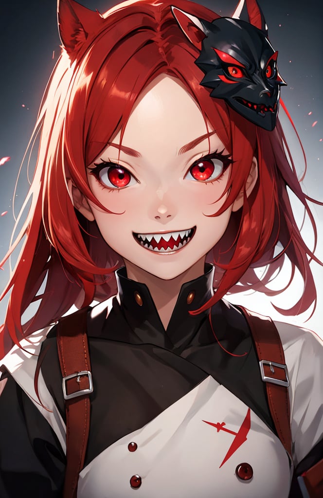 sharp teeth, High resolution, retouching, sharp smile on the mask, red eyes, red hair, cara perfecta,anime,h4l0w3n5l0w5tyl3DonML1gh7,JessicaWaifu, gek,fangs,1face