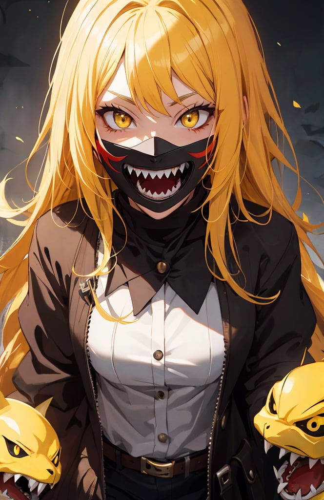 sharp teeth, High resolution, retouching, sharp smile on the mask, yellow eyes, yellow hair, cara perfecta,anime,h4l0w3n5l0w5tyl3DonML1gh7,JessicaWaifu, gek,fangs,1face