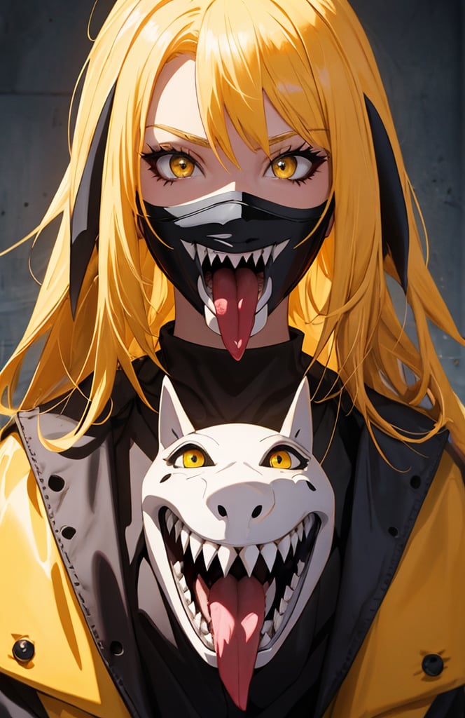 sharp teeth, High resolution, retouching, sharp smile on the mask, yellow eyes, yellow hair, cara perfecta,anime,h4l0w3n5l0w5tyl3DonML1gh7,JessicaWaifu, gek,fangs,1face,long_tongue