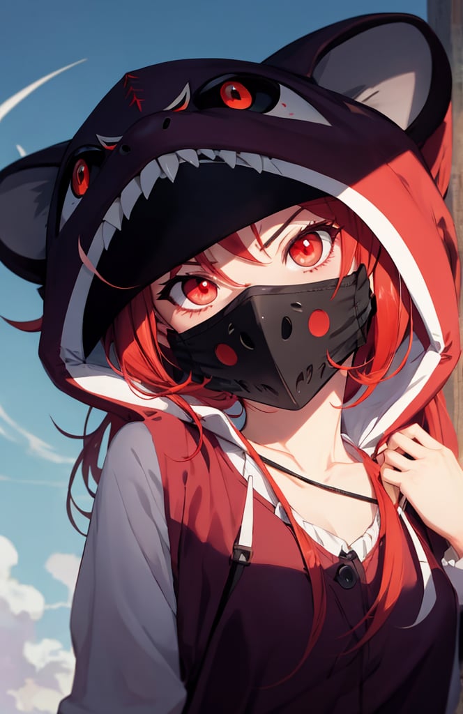 sharp teeth, High resolution, retouching, sharp smile on the mask, red eyes, red hair, cara perfecta,anime,h4l0w3n5l0w5tyl3DonML1gh7,JessicaWaifu, gek,fangs,1face