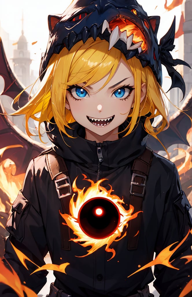 sharp teeth, High resolution, retouching, sharp smile on the mask, blue eyes, yellow  hair, cara perfecta,anime,h4l0w3n5l0w5tyl3DonML1gh7,JessicaWaifu, gek,fangs,1face,flaming eye